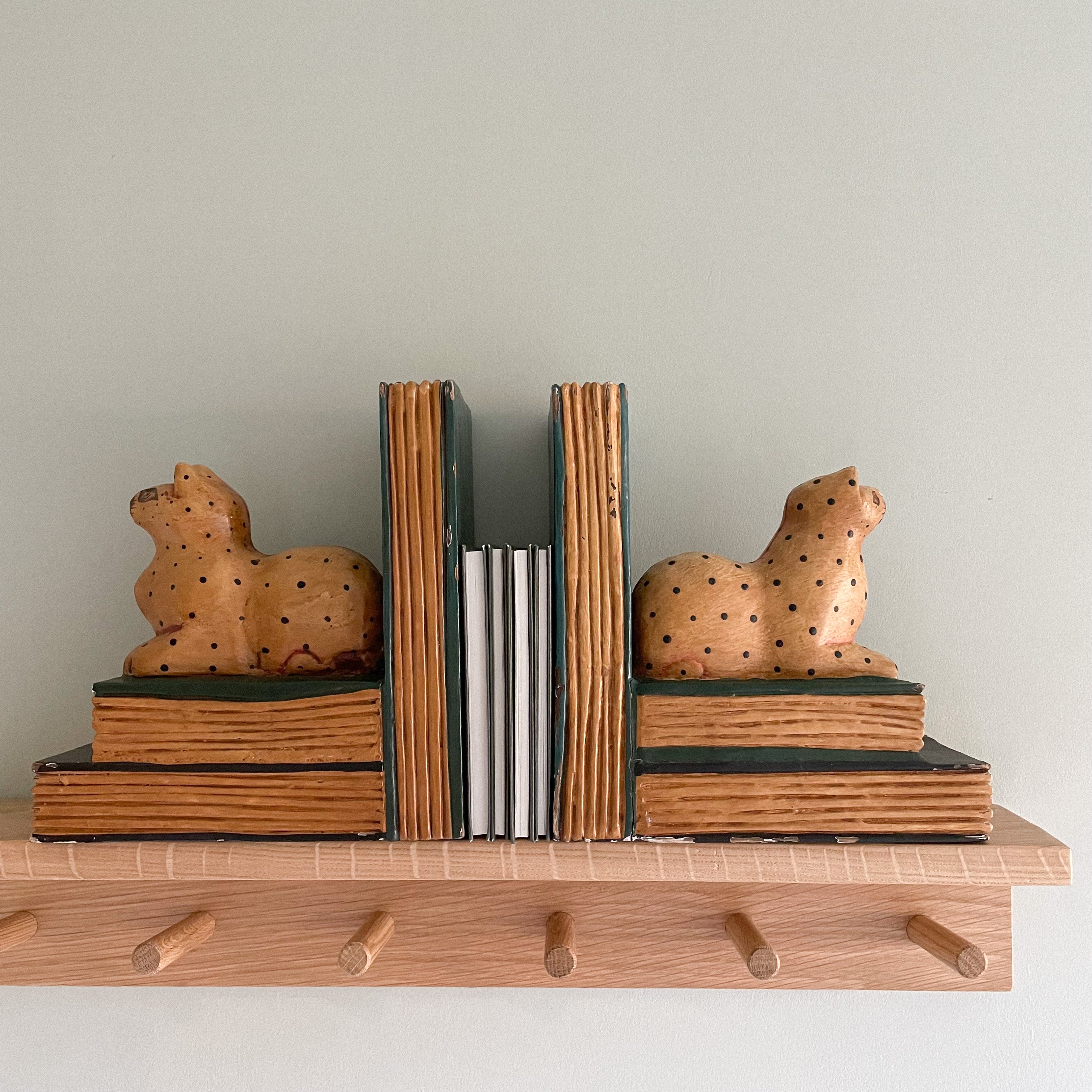 Pair of vintage wooden spotty leopard big cat bookends - Moppet