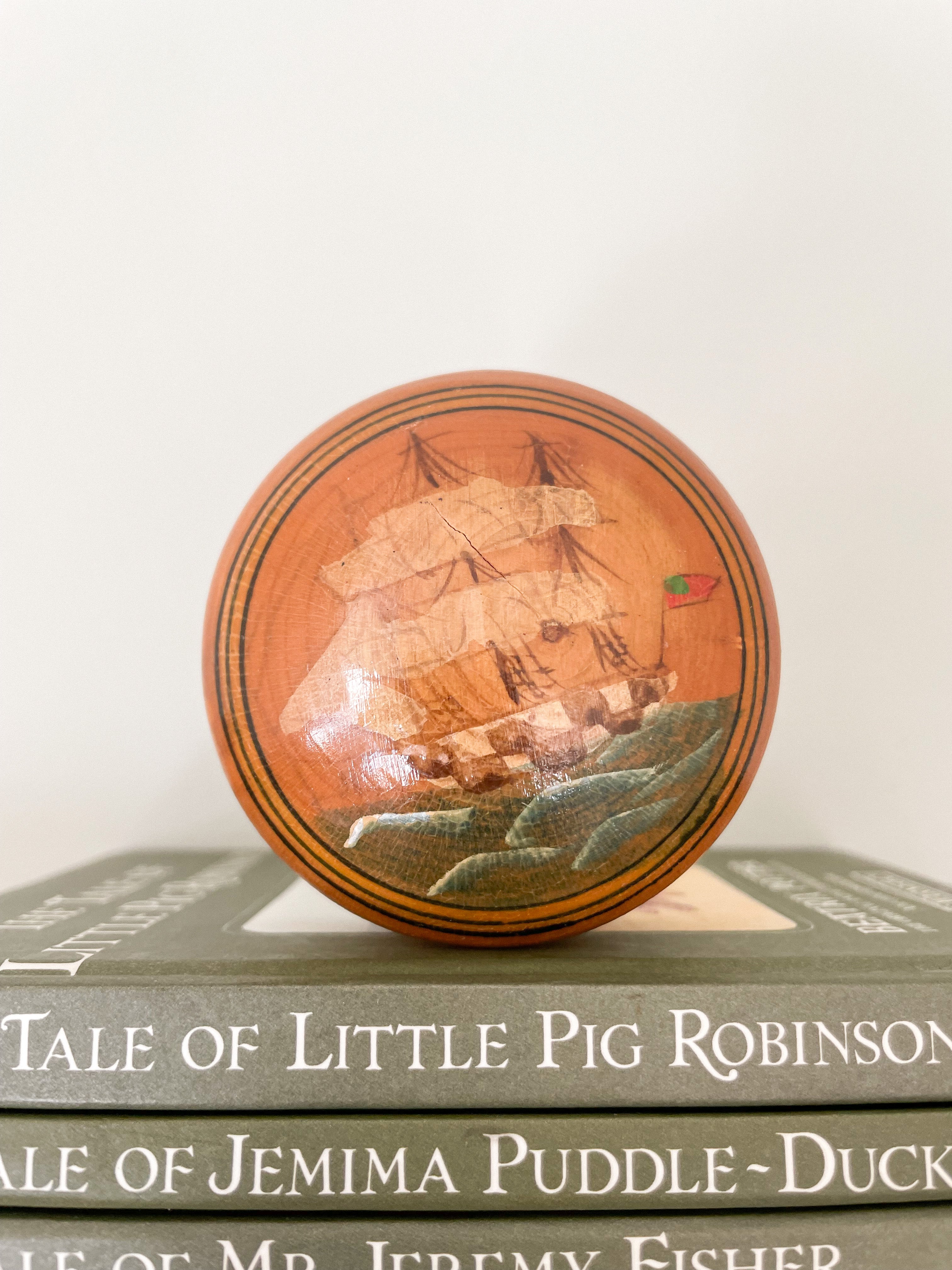 Vintage bamboo trinket box / money box / piggy bank with hand-painted ship design - Moppet