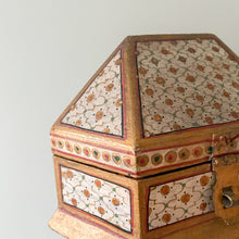 Load image into Gallery viewer, Vintage hand-painted Indian hexagonal wooden trinket box or jewellery box with gold detailing - Moppet

