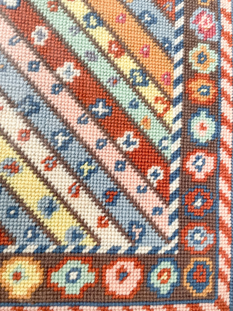Vintage framed embroidery in Kaffe Fassett geometric diagonal striped design - Moppet