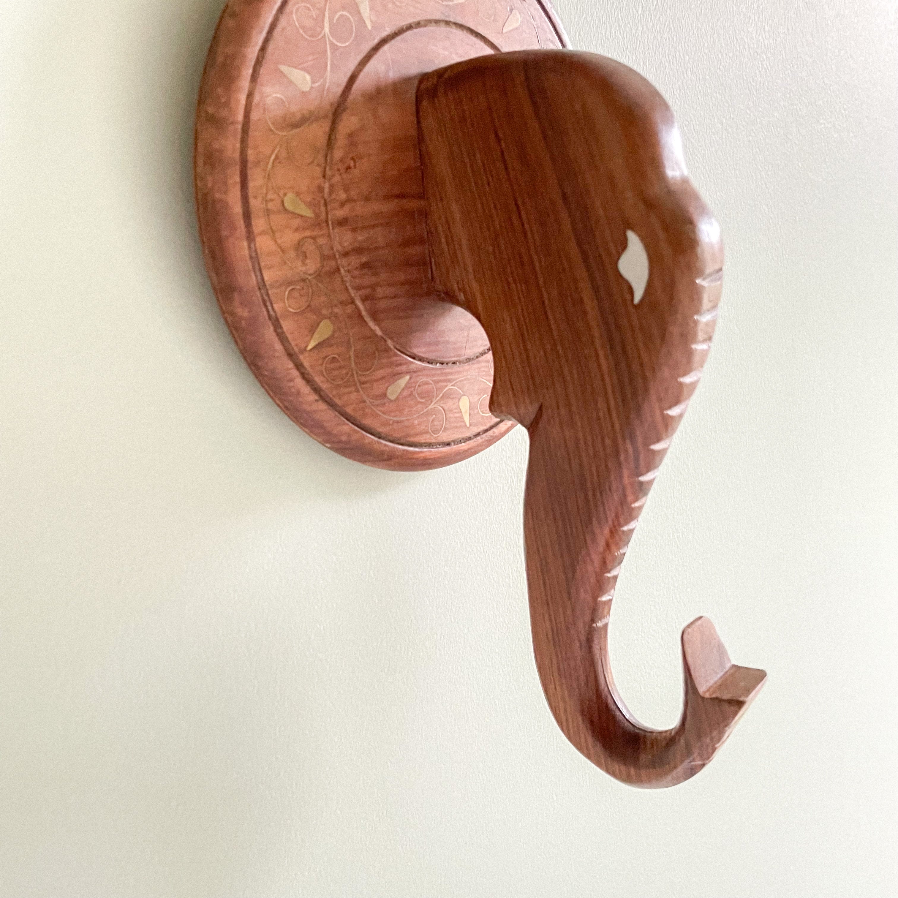Vintage Indian wooden hand-carved elephant head hook with brass inlay – Indian wall art - Moppet