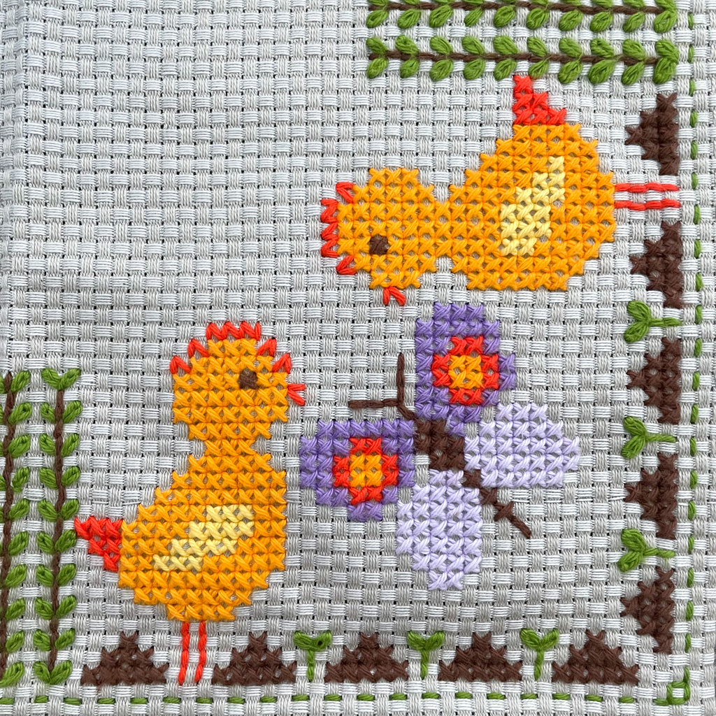 Vintage midcentury hand-embroidered Easter table cloth or runner featuring chicks.chickens and butterflies in yellow, green and lilac - Moppet