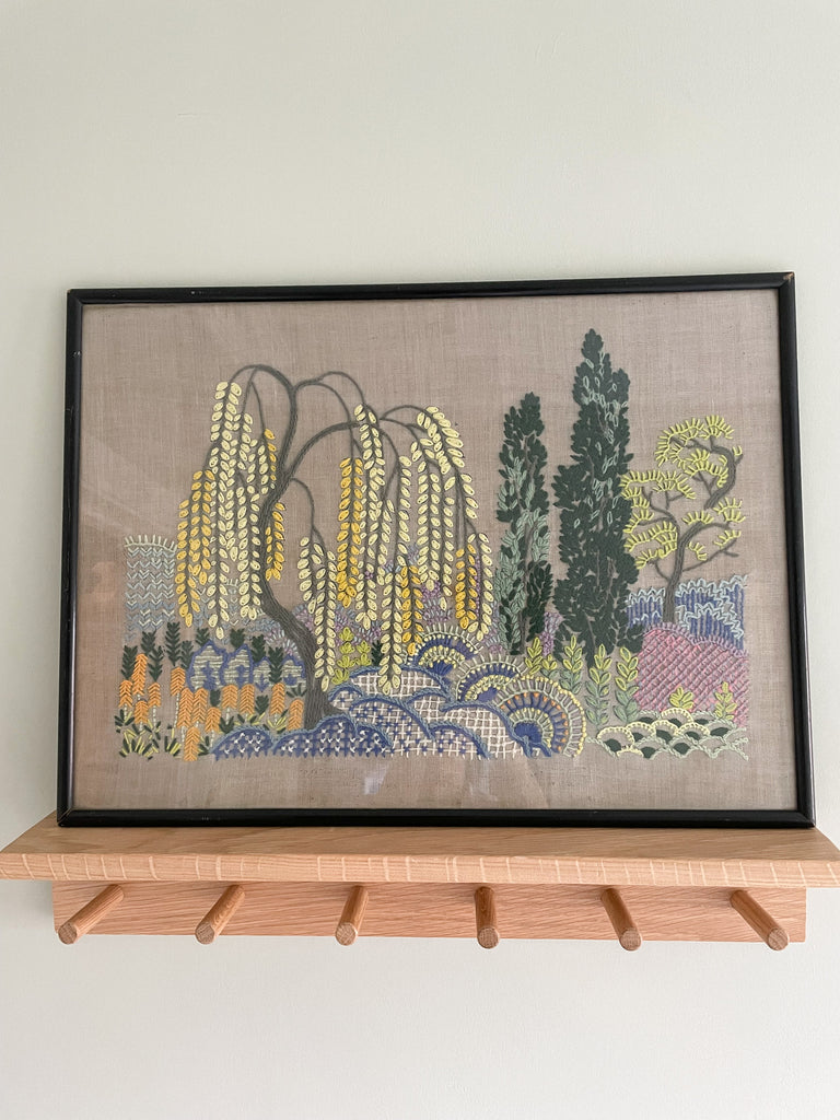 Vintage framed embroidery of a garden with willow tree - Moppet