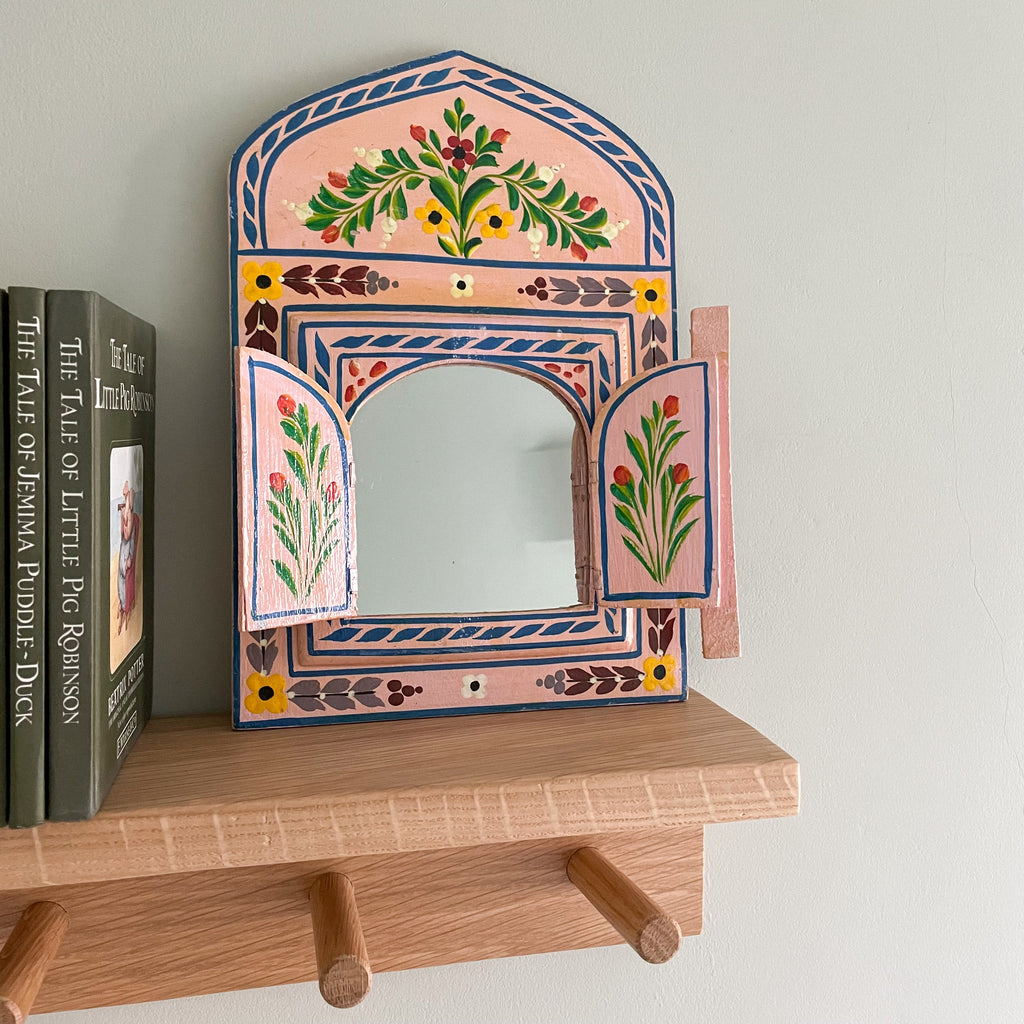 Vintage Moroccan hand painted wooden pink arched window mirror with doors - Moppet
