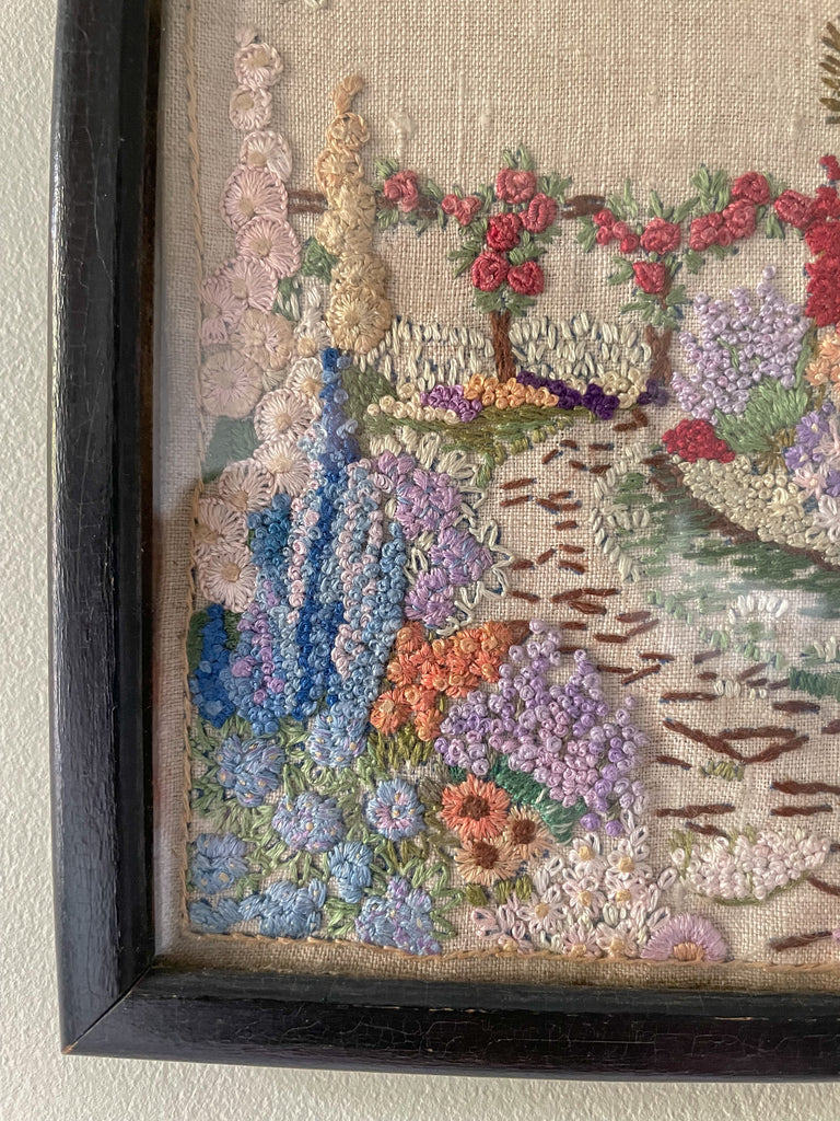 Vintage framed embroidery of a garden path and bird house / dove cote on a linen canvas - Moppet