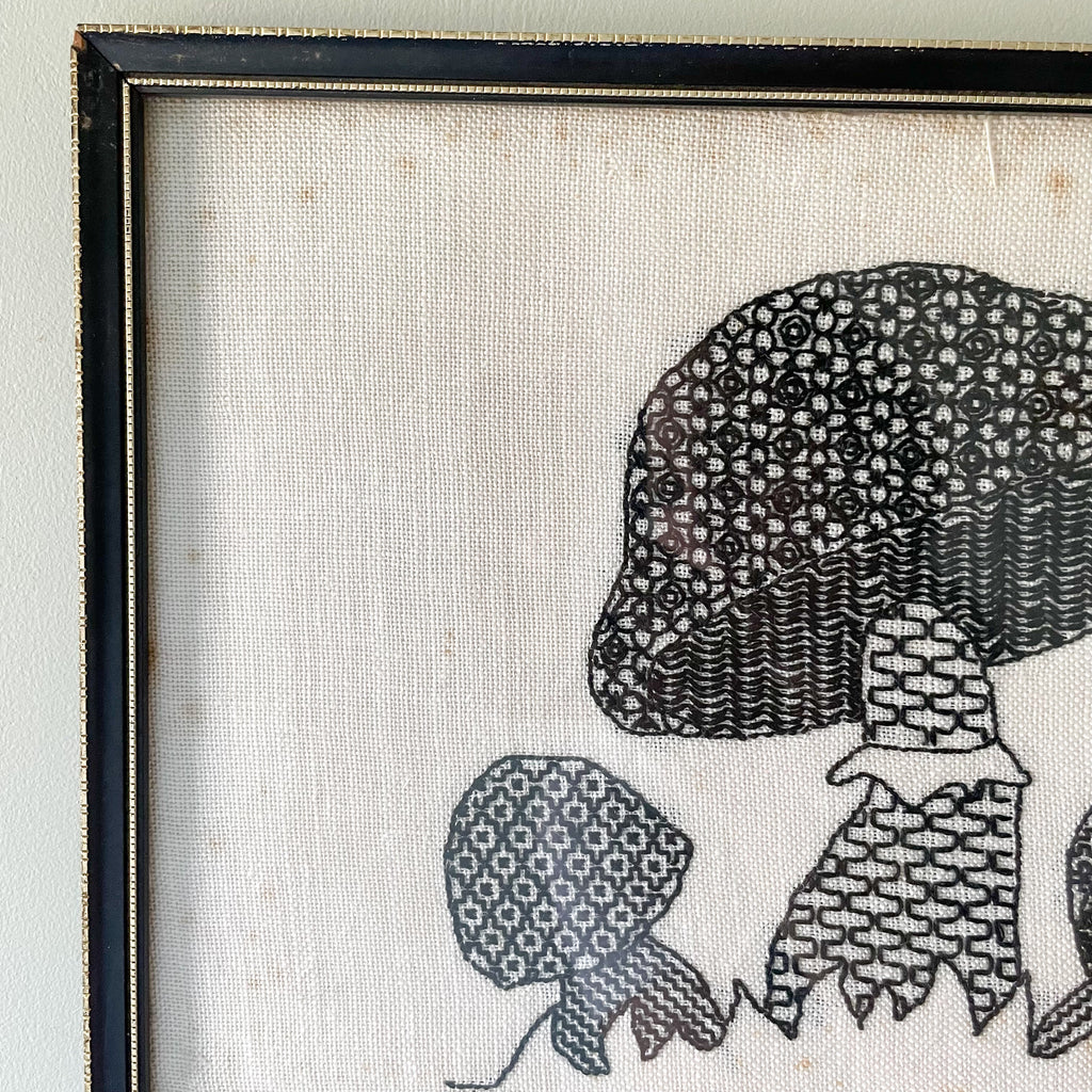 Pair of vintage Swedish framed monochrome embroideries in black and white, toadstools/mushrooms and butterfly - Moppet