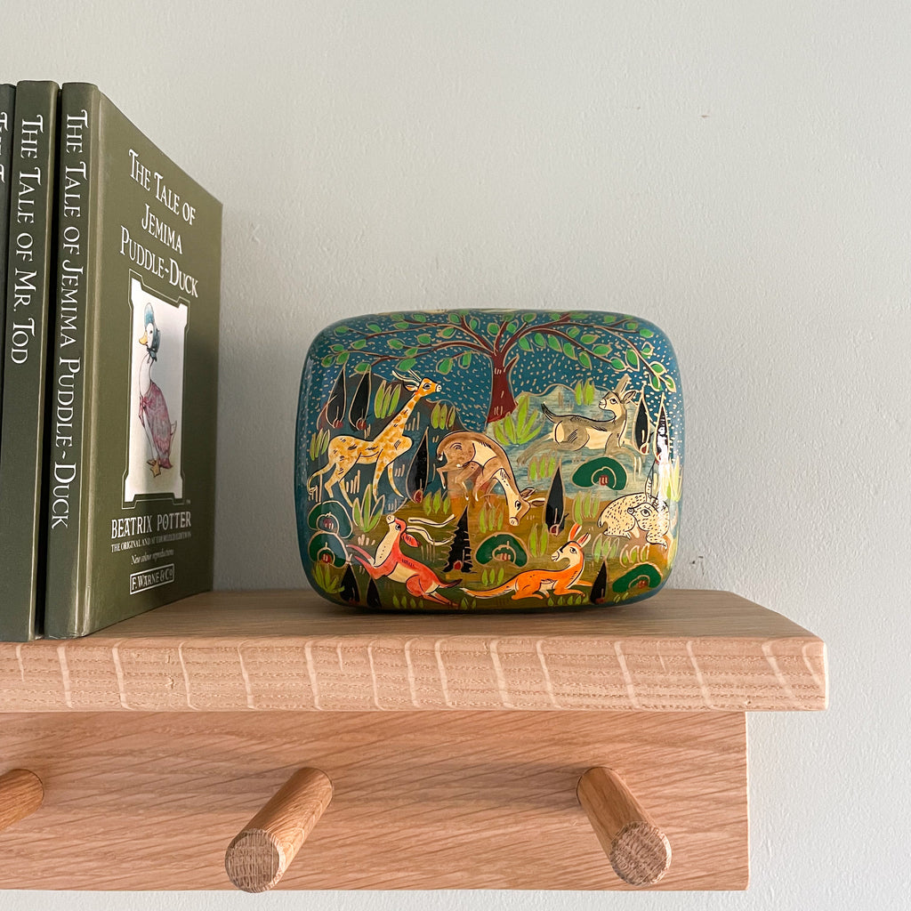 Kashmiri hand-painted folk art papier maché lacquered trinket box with jungle animals design | large animals - Moppet