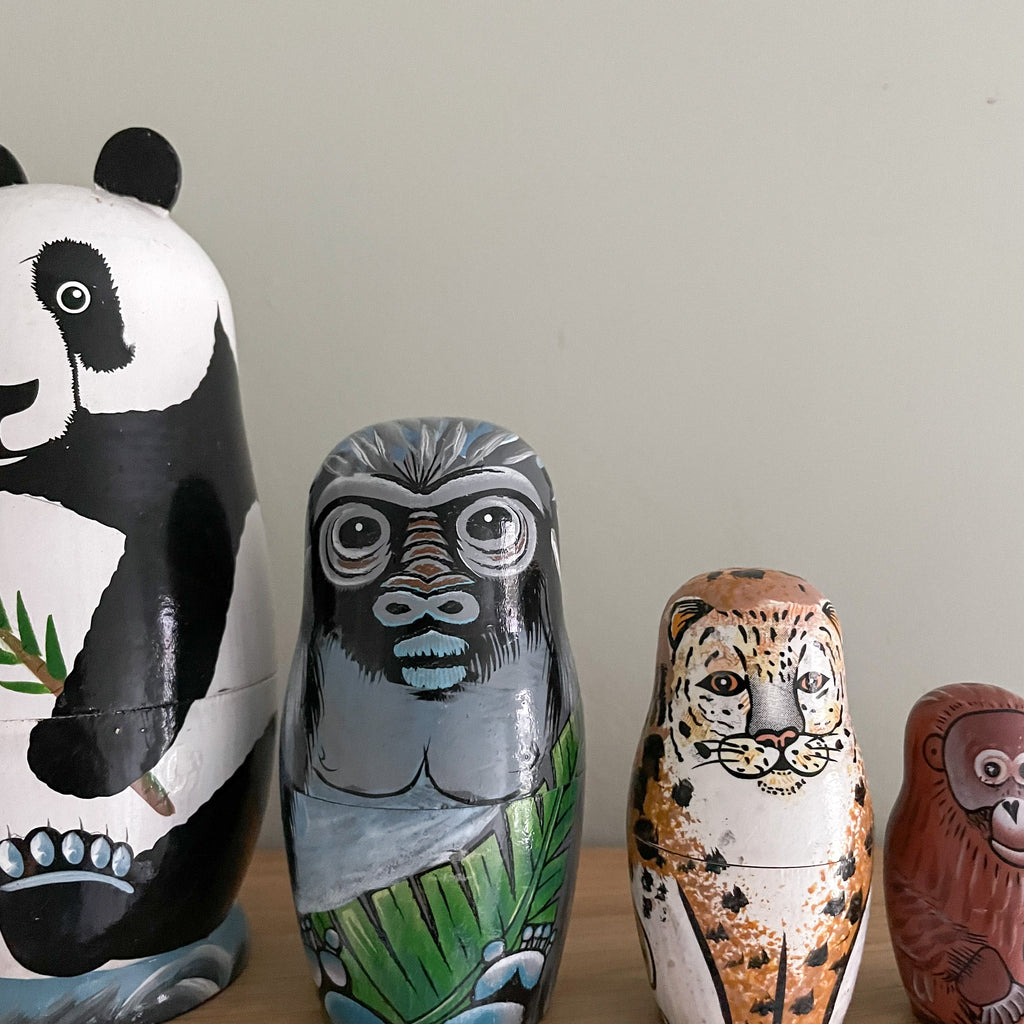 Vintage wooden nesting animals Russian Matryoshka dolls (panda, gorilla, leopard, orangutan) - Moppet