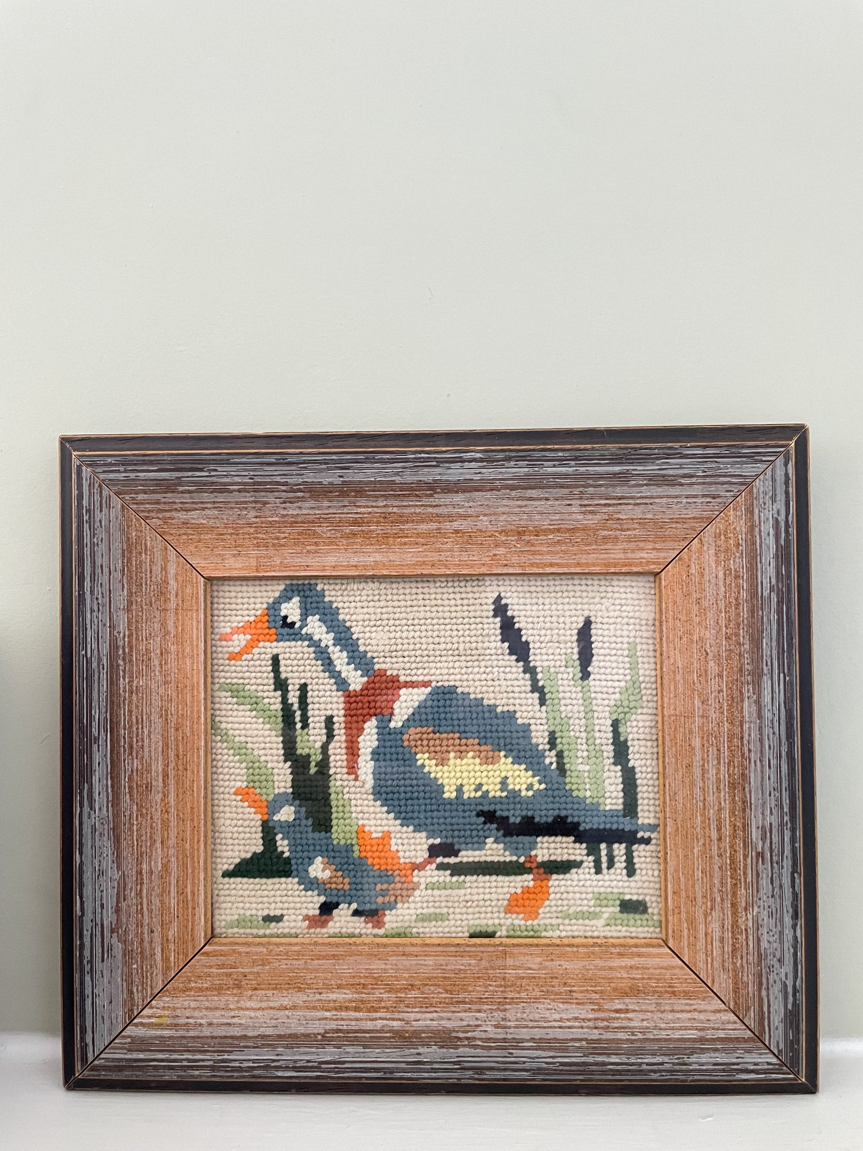 Vintage framed cross stitch embroidery of a mother duck and duckling - Moppet