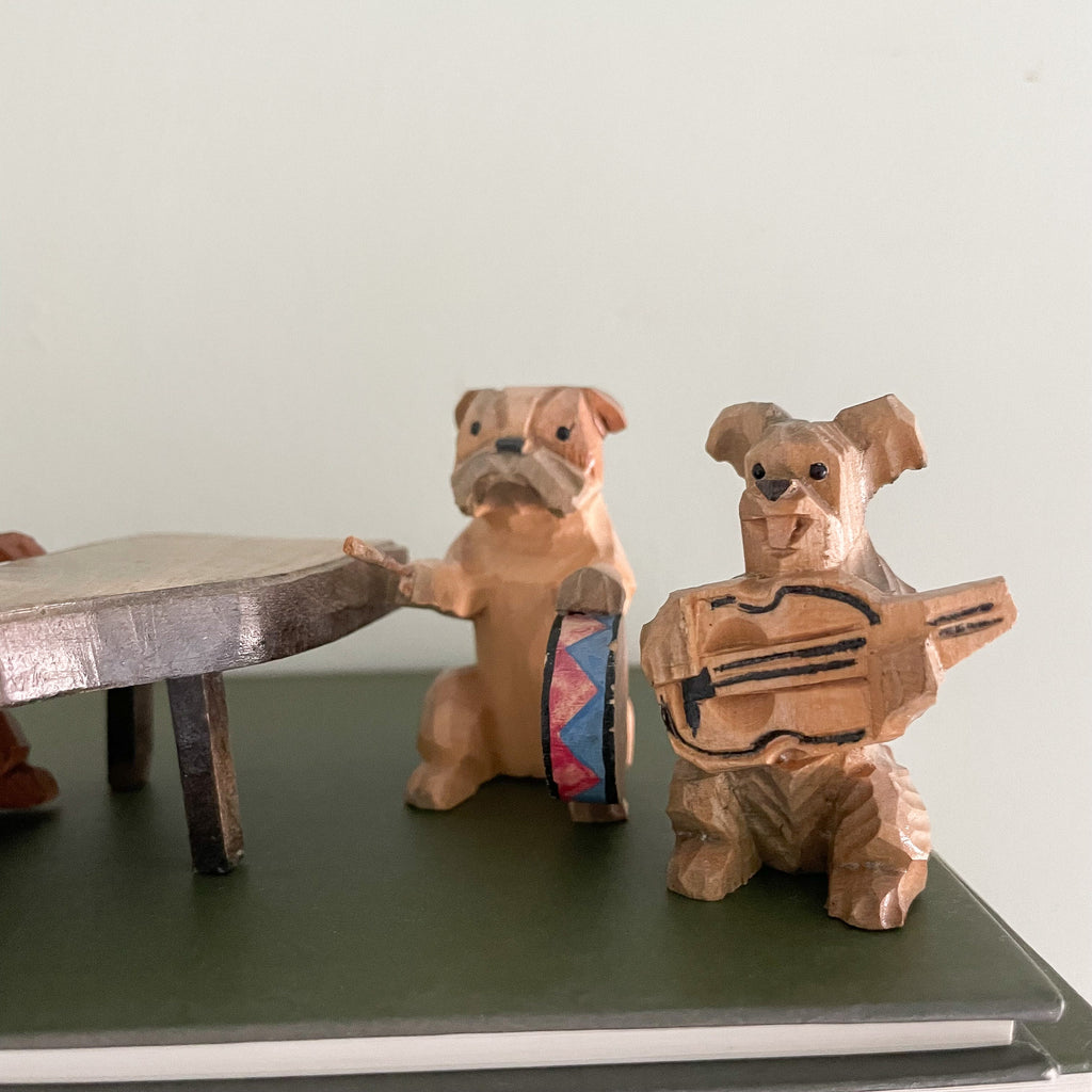 Vintage Italian hand-carved wooden musician dogs, by Anri (dachshund, bulldog, schnauzer, skye terrier) - Moppet
