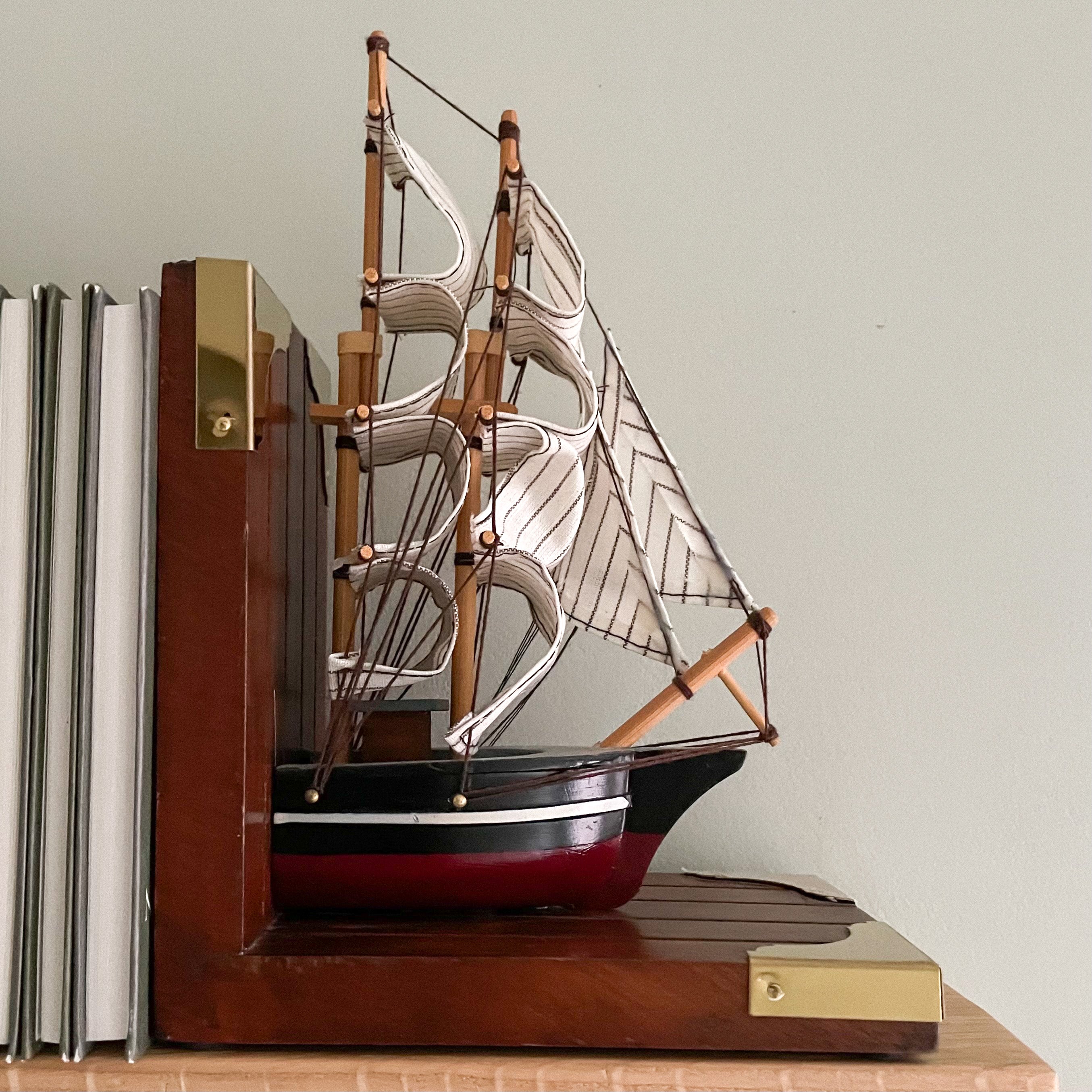 Pair of vintage wooden model sailing ship bookends - Moppet