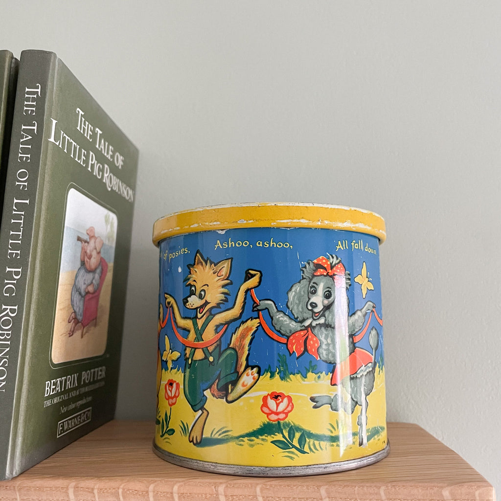 Vintage 1960s children’s tin with animals singing 'Ring a ring o’ roses', by Blue Bird Toffee - Moppet