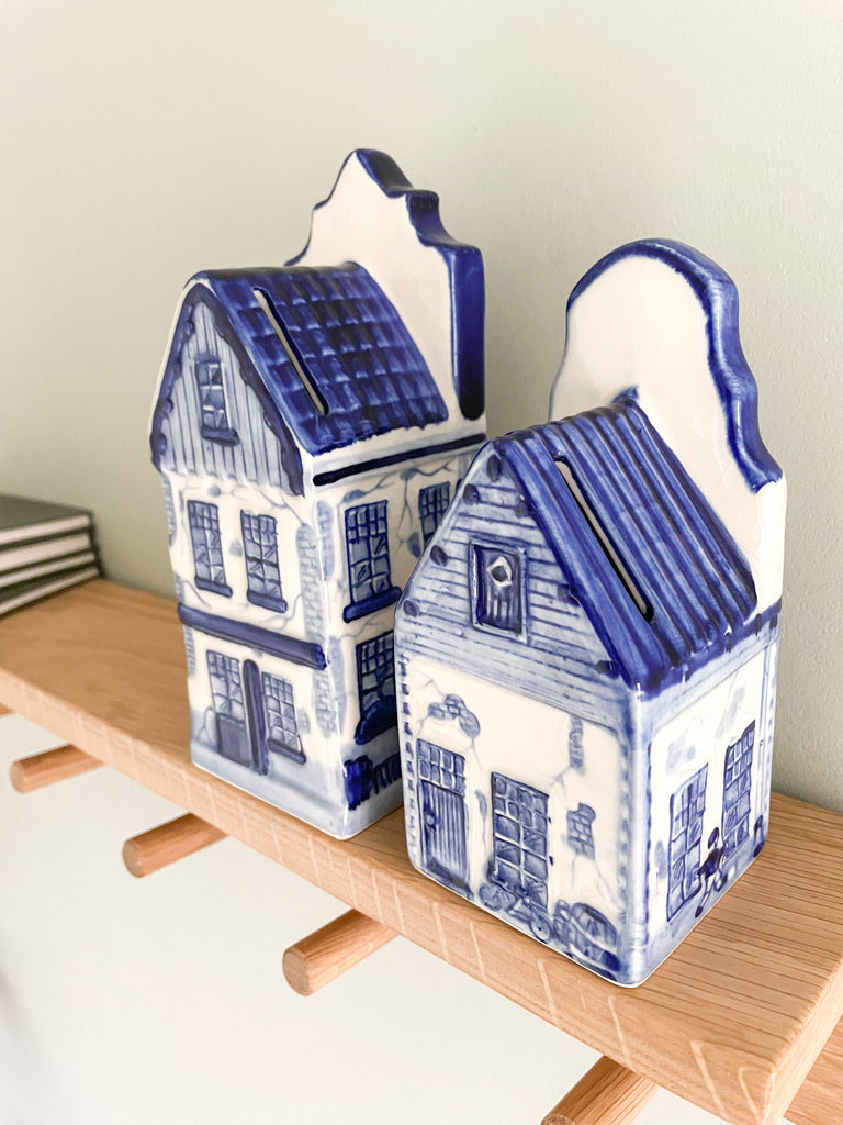 Vintage ceramic Delftware house money box piggy bank, blue and white, sold separately - Moppet