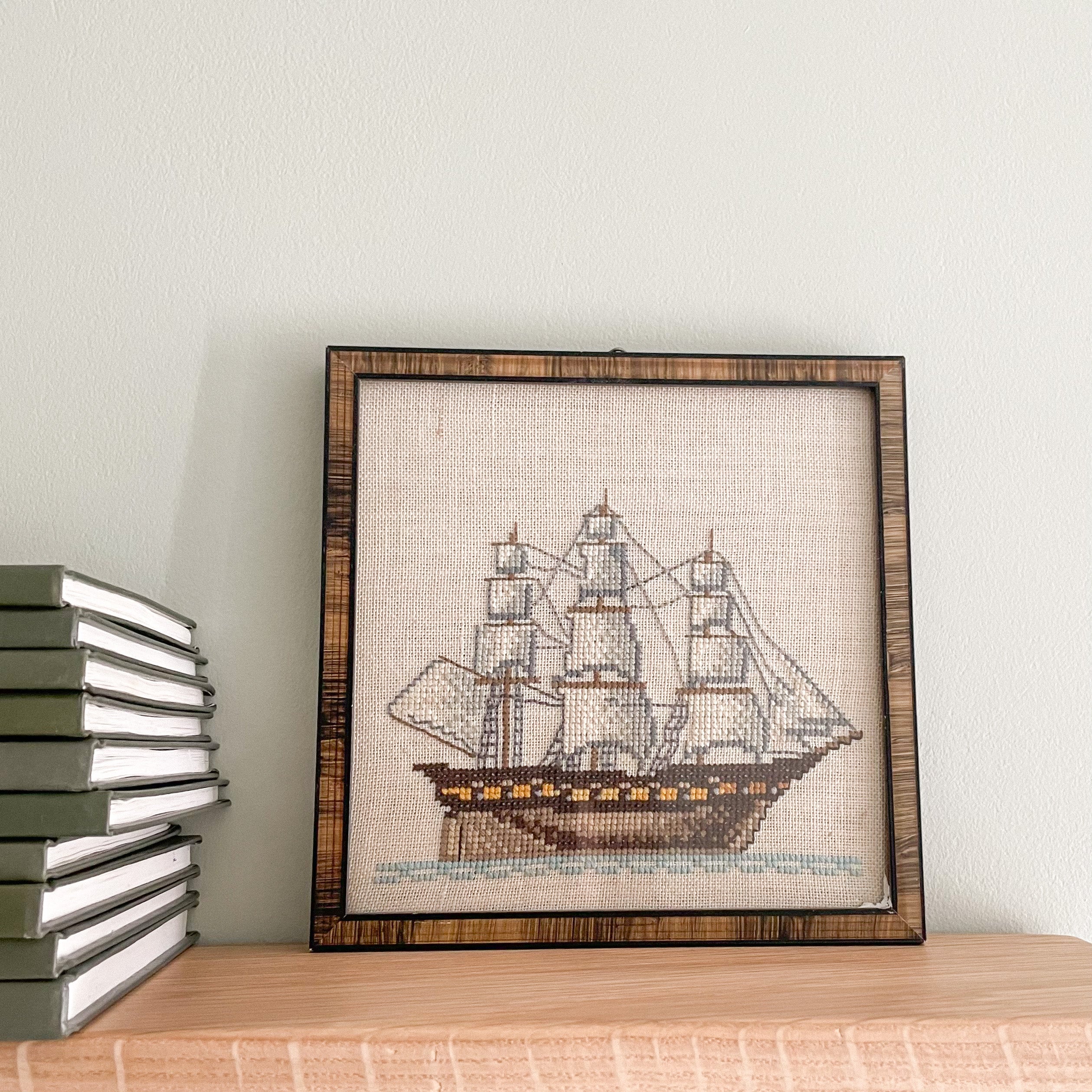 Vintage framed cross-stitch sampler of a ship - Moppet