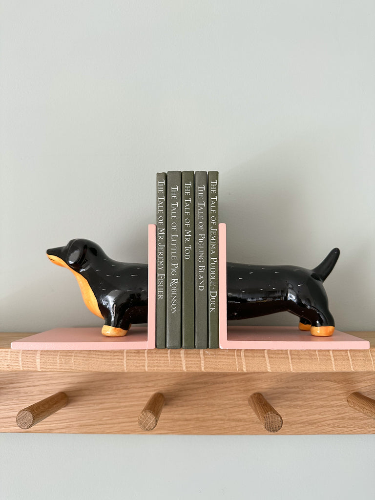 Pair of rare vintage ceramic china and wooden dachshund/sausage dog bookends - Moppet