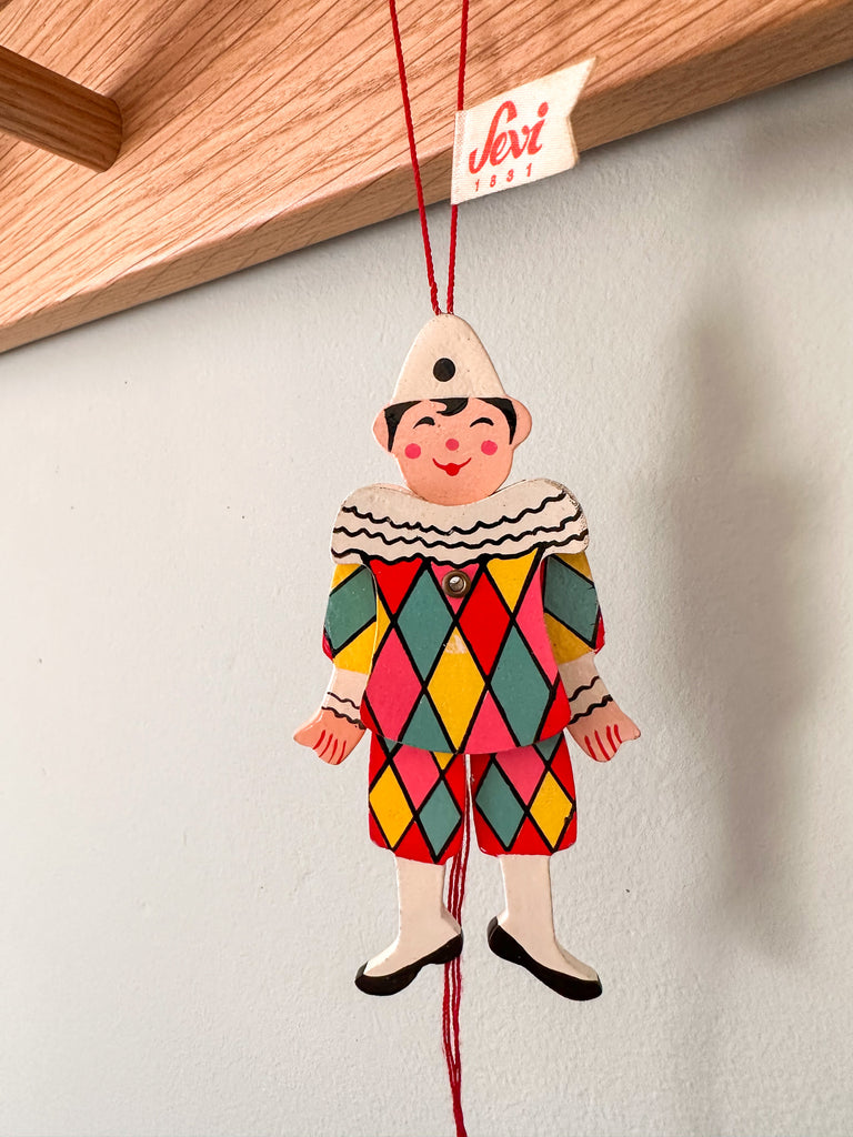 Vintage Italian wooden harlequin clown jumping-jack pull toy, by Sevi 1831 - Moppet