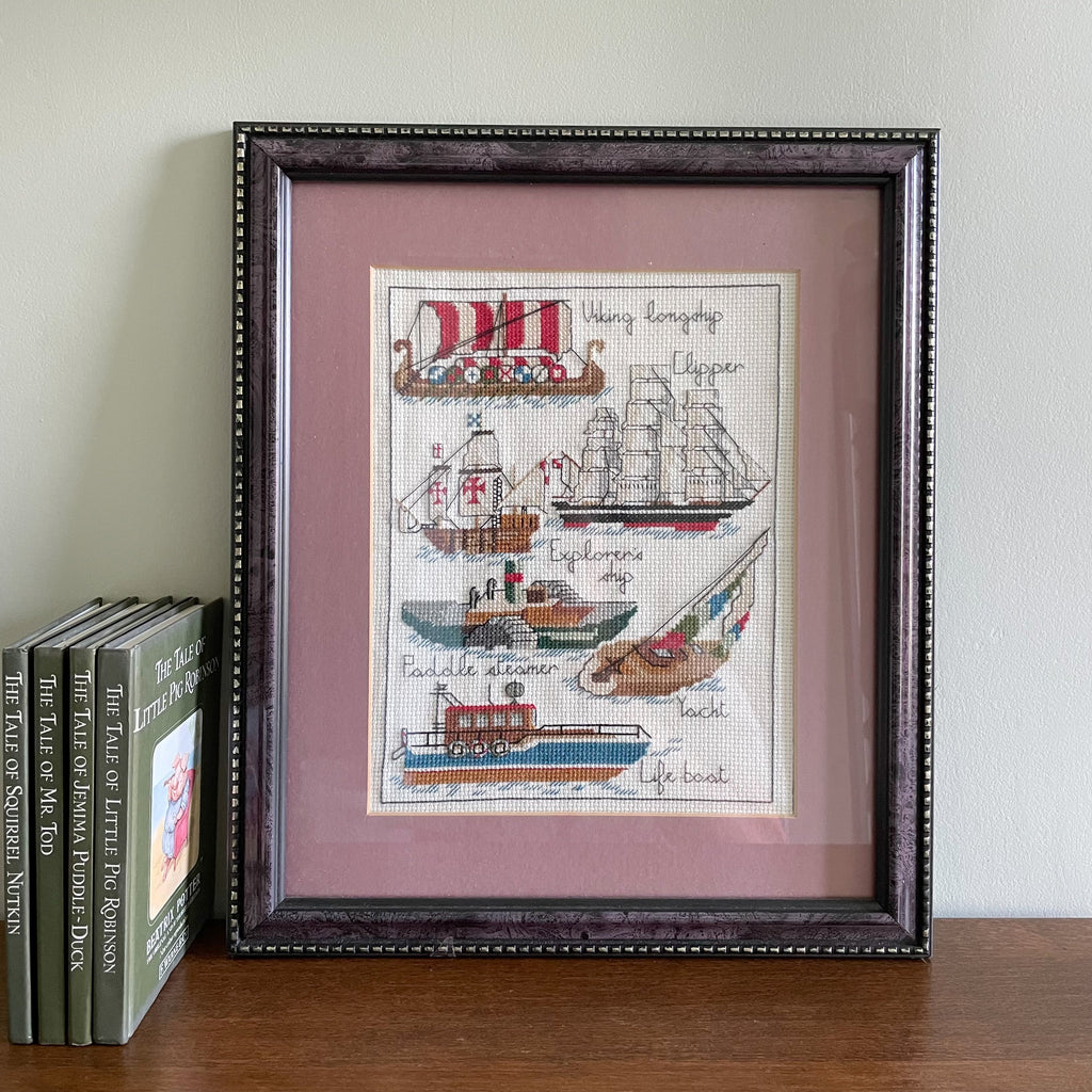 Vintage framed cross stitch of a collection of ships - Moppet