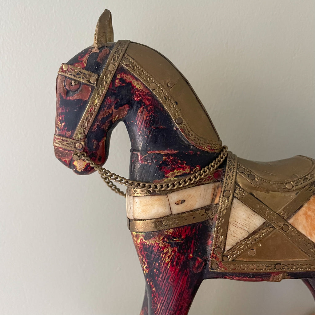 Vintage wood and brass folk art hand-painted rocking horse, black and red - Moppet