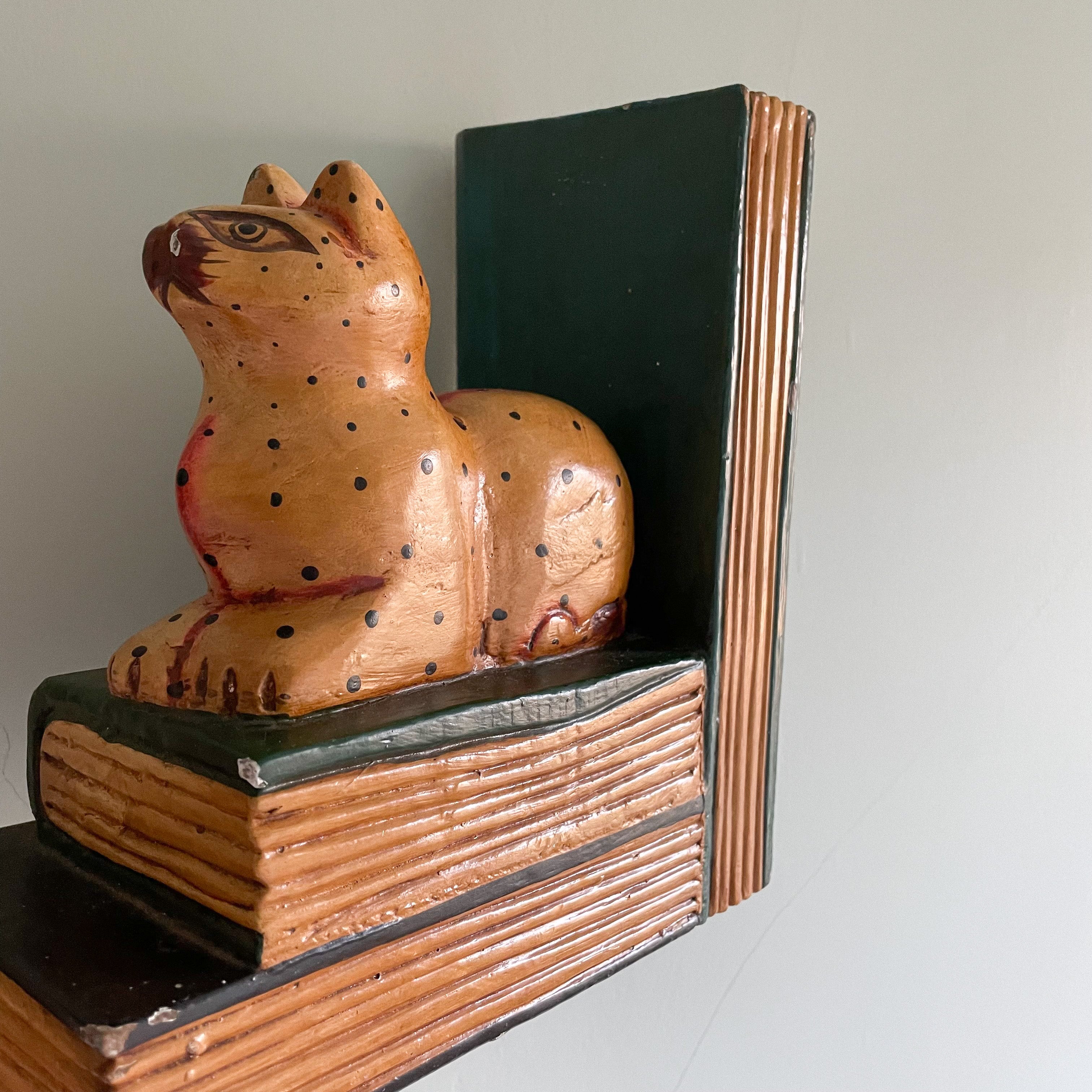 Pair of vintage wooden spotty leopard big cat bookends - Moppet