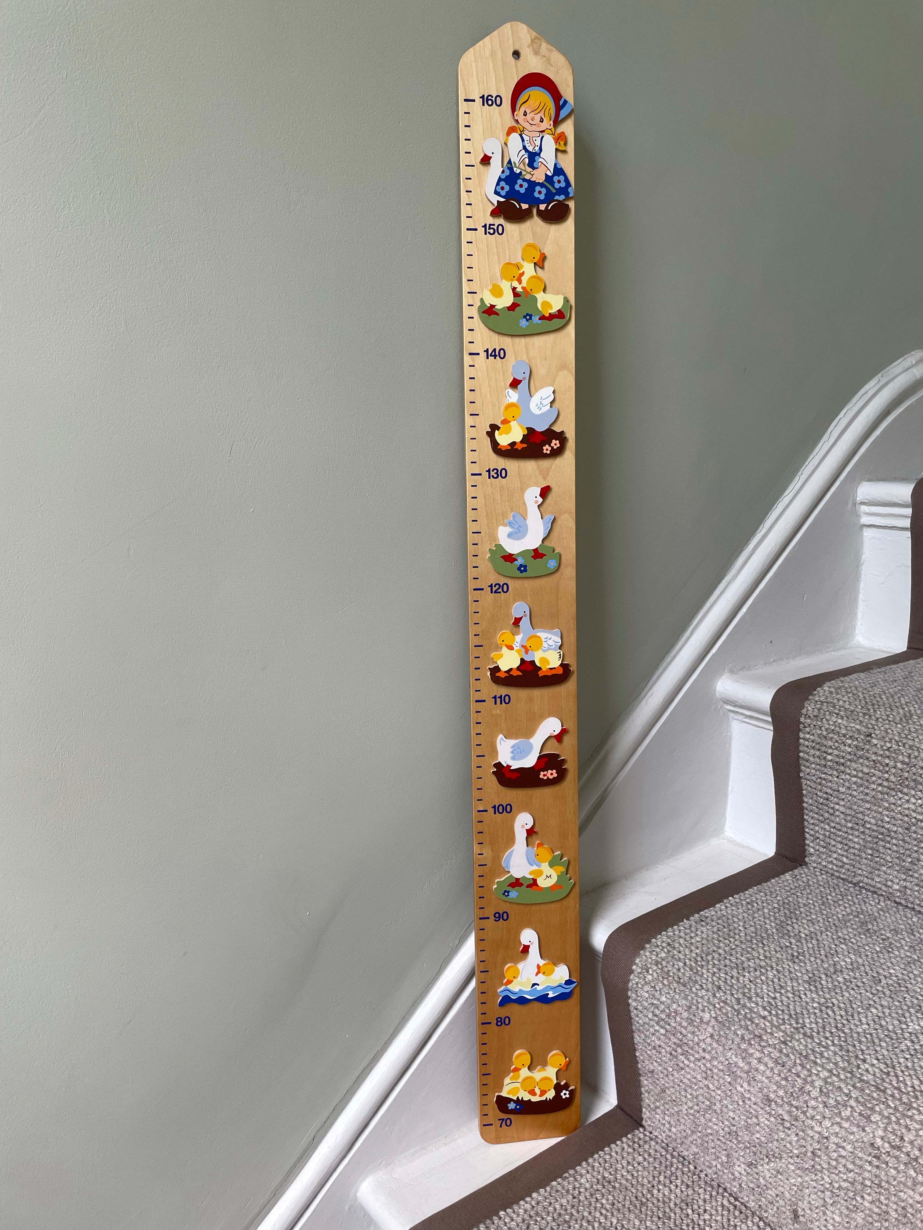 Vintage 1980s wooden German measuring stick or height chart, featuring a little girl and her geese, by Mertens Kunst - Moppet