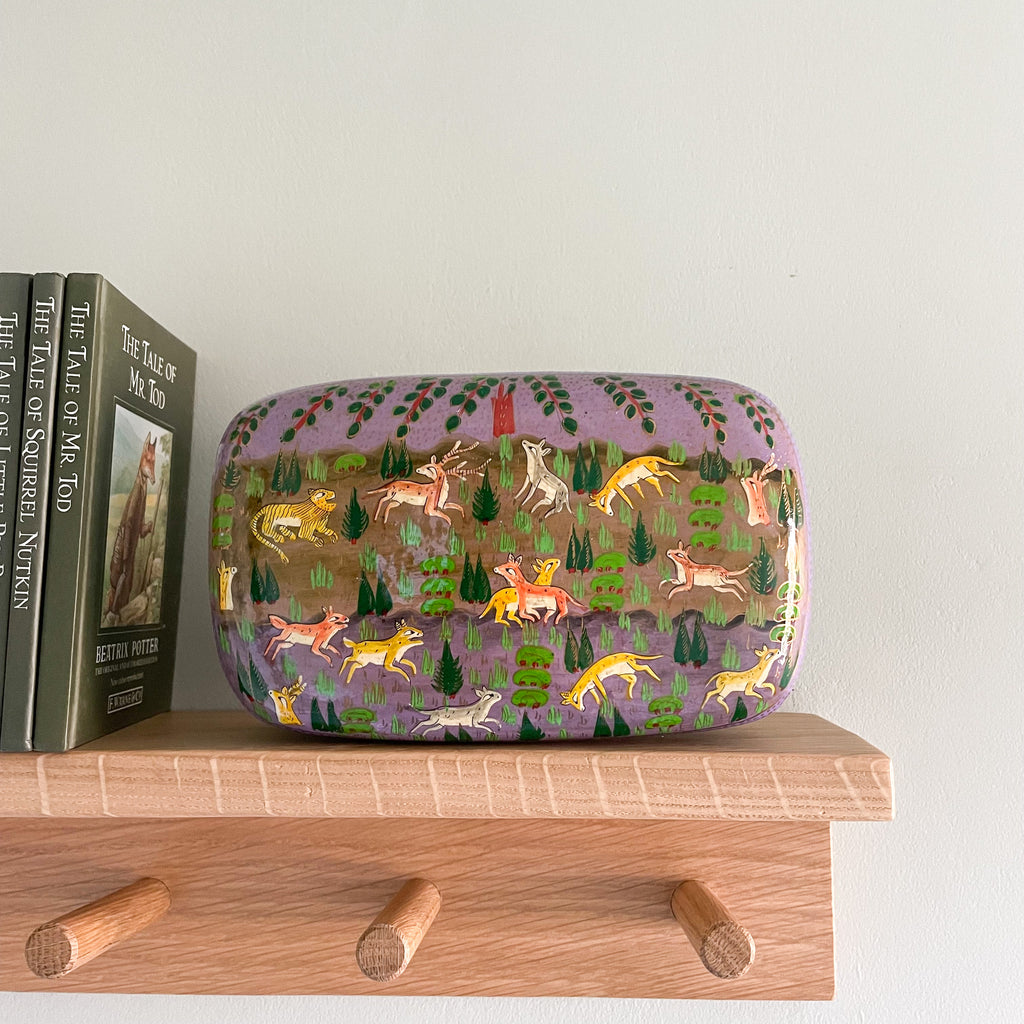 Kashmiri hand-painted folk art papier maché lacquered trinket box with jungle animals design | lilac - Moppet