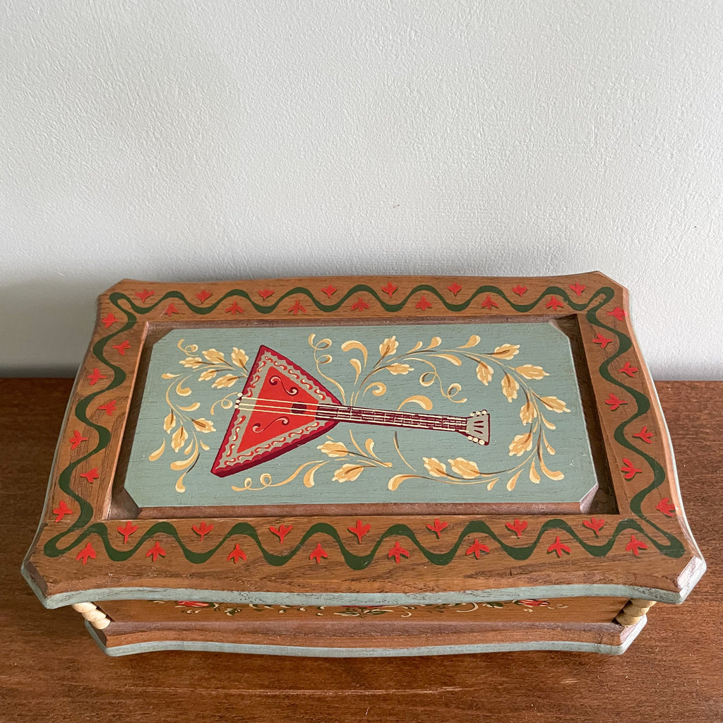 Vintage 1950s Italian hand-carved and painted wooden music box with mandolin motif - Moppet