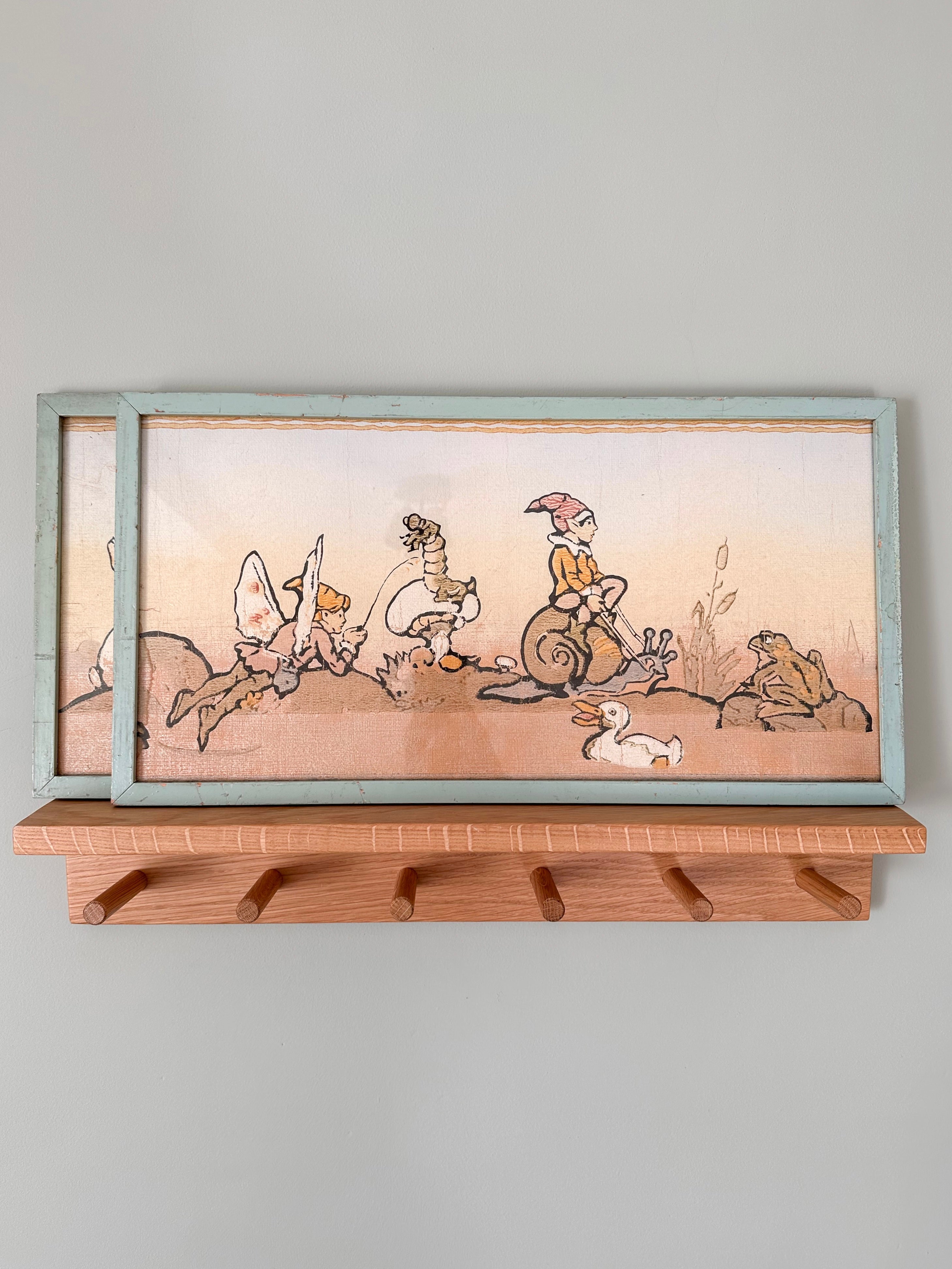 Vintage 1950s painting featuring woodland fairies or elves in pale blue-green original wooden frame - Moppet