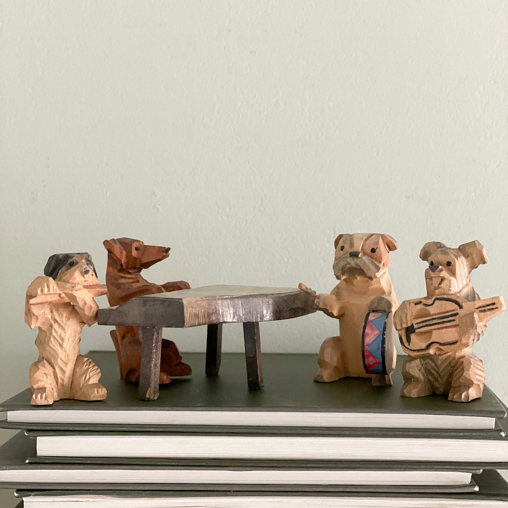 Vintage Italian hand-carved wooden musician dogs, by Anri (dachshund, bulldog, schnauzer, skye terrier) - Moppet