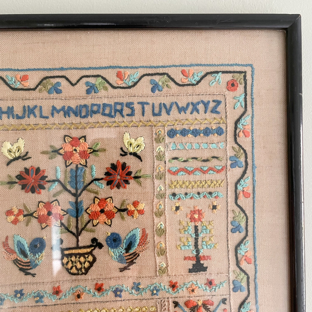 Vintage 1950s framed children's embroidery or needlework alphabet sampler - Moppet