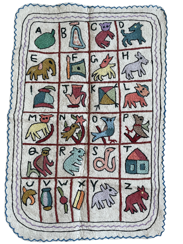 Folk art alphabet hand-embroidered wall hanging | felt ‘namda’ ABC rug | MEDIUM | design 004 - Moppet