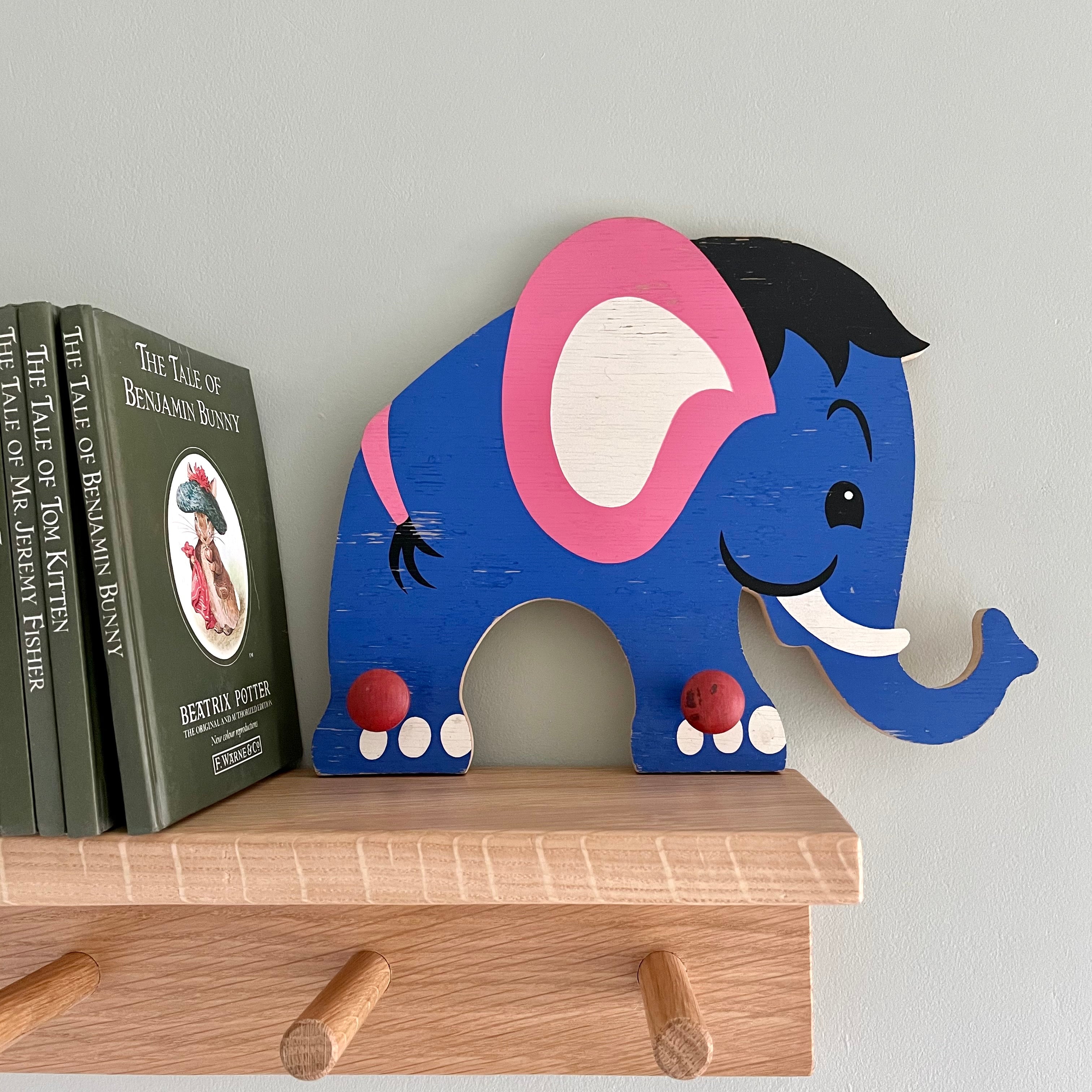 Vintage 1960s German wooden ‘Jumbo’  elephant peg rail coat hook, by Mertens Kunst (blue & pink) - Moppet