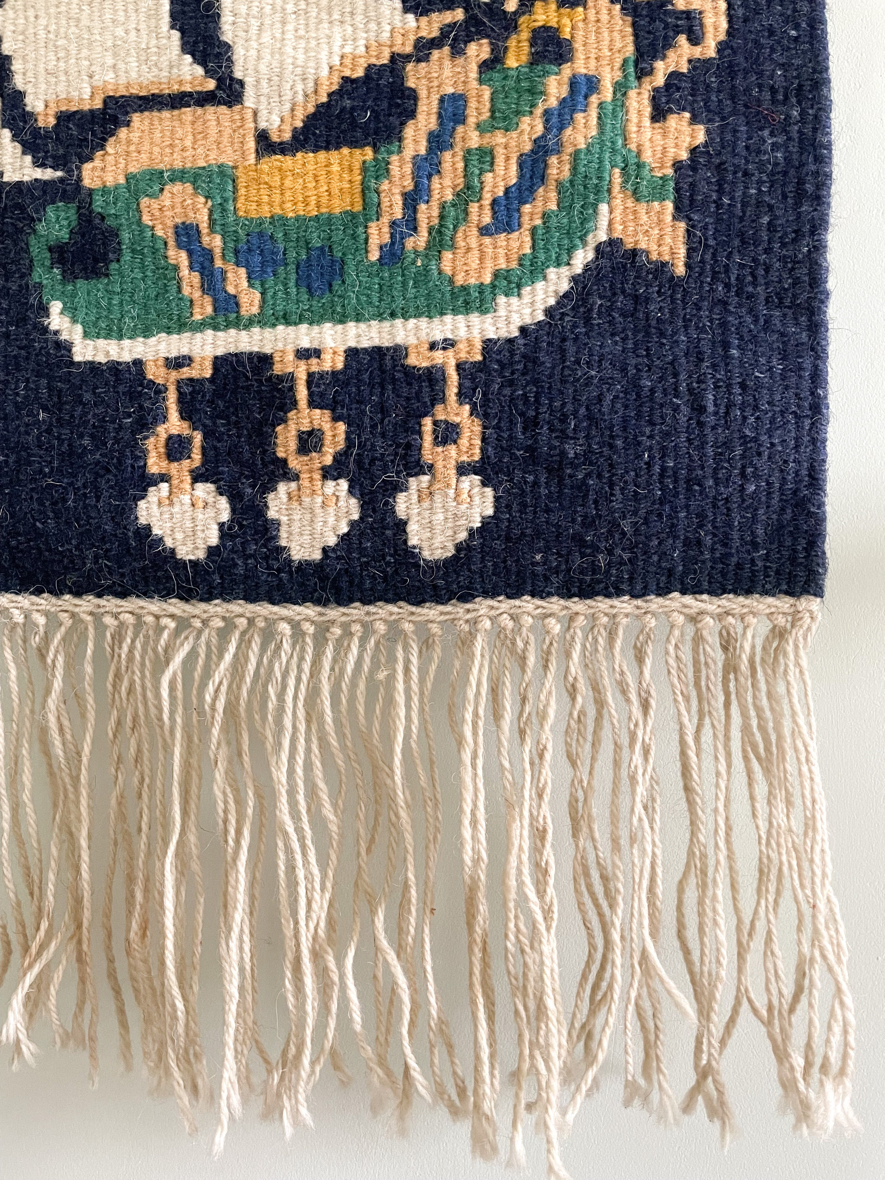 Vintage hand-woven Greek folk art wool wall hanging tapestry of a ship/sailing boat - Moppet