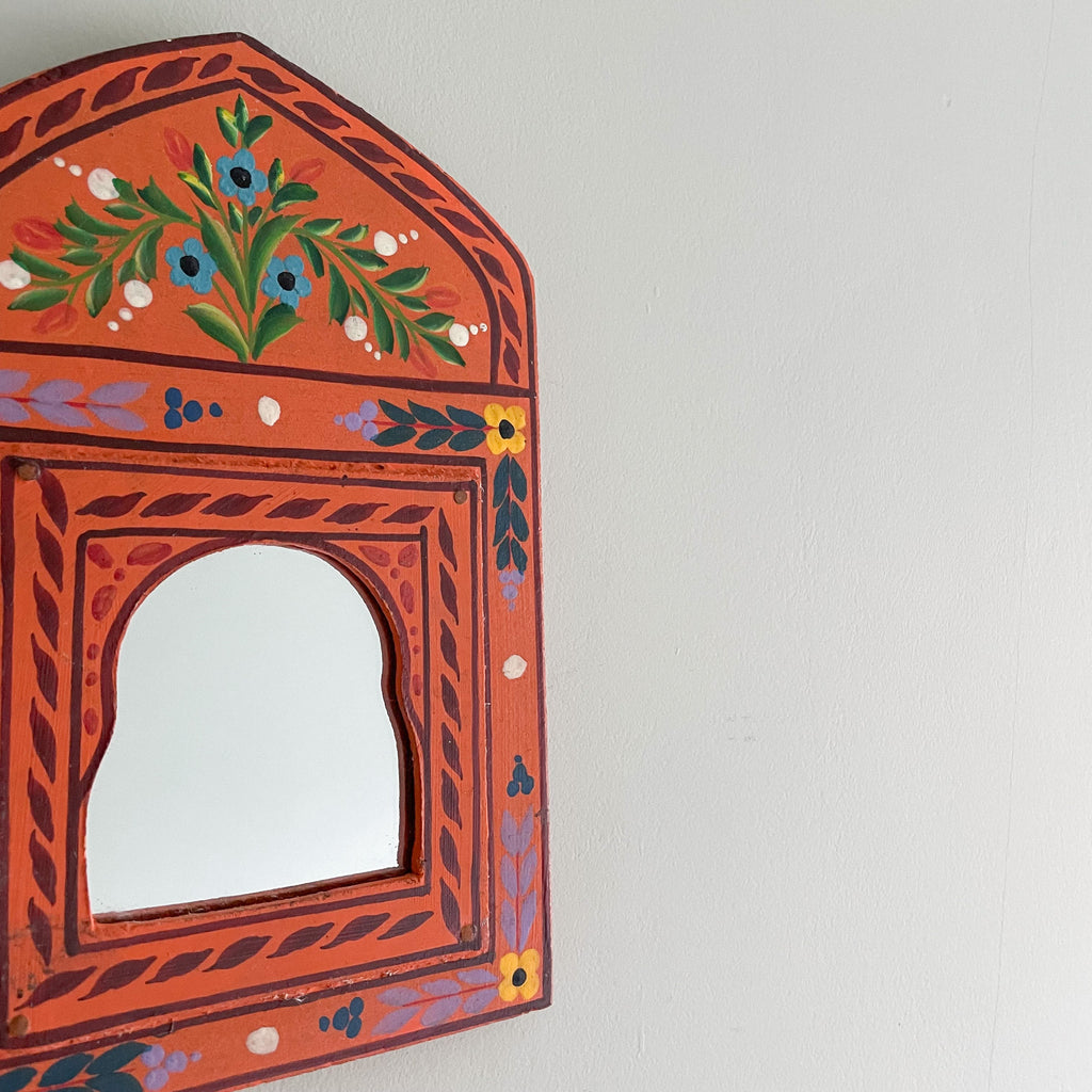 Vintage Moroccan hand painted wooden orange arched window mirror - Moppet