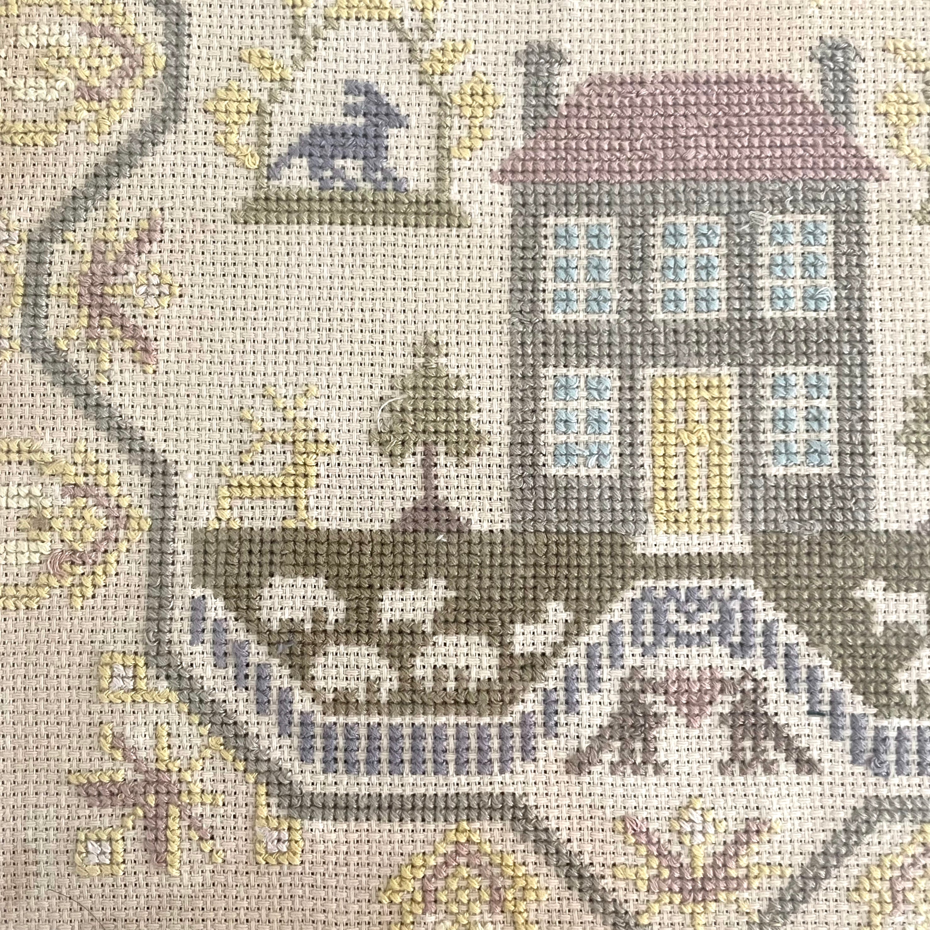 Vintage framed cross stitch sampler of a house, alphabet, numbers and flock of sheep - Moppet