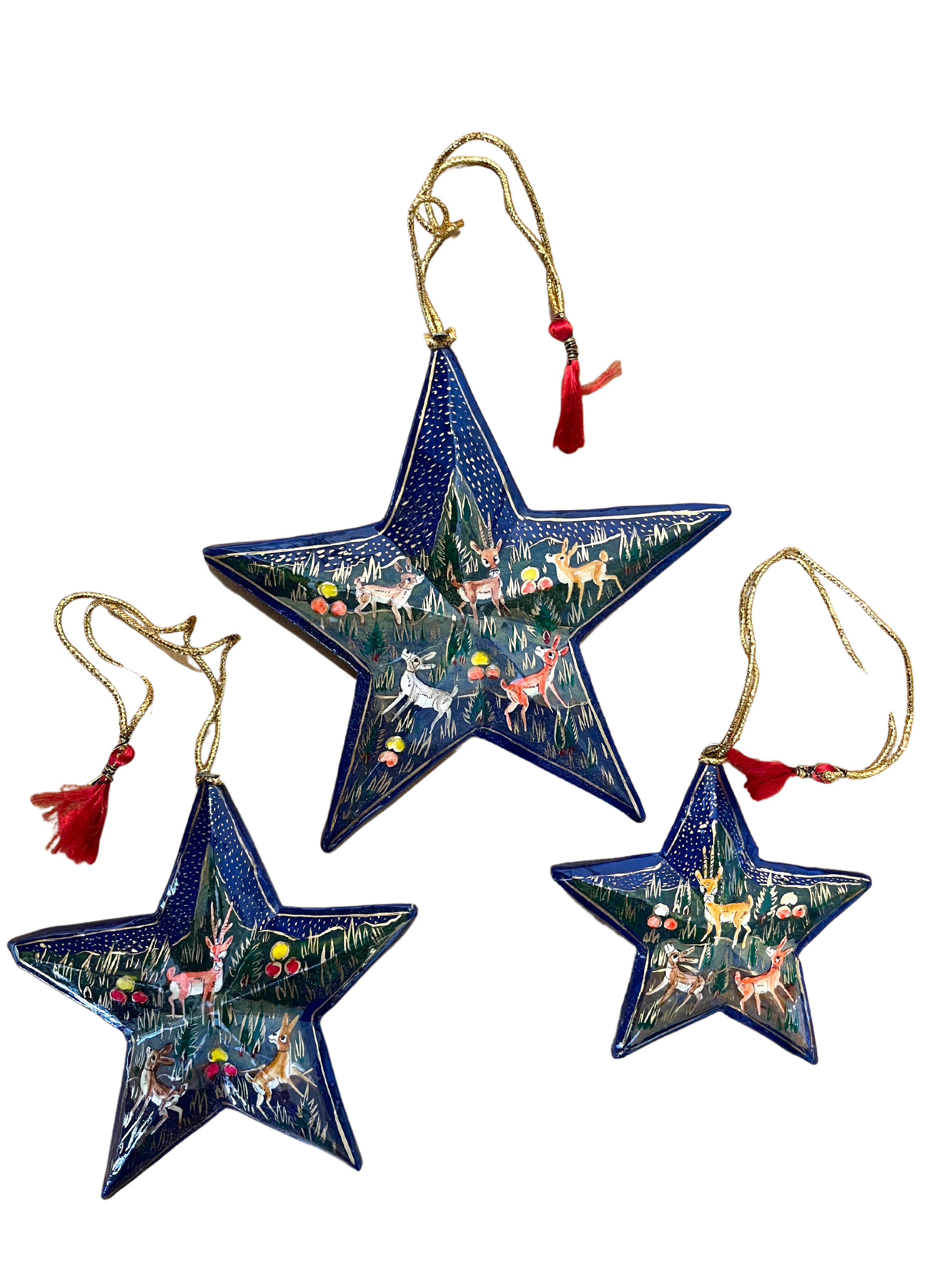 Kashmiri hand-painted folk art papier maché lacquered hanging star set with jungle animals design - Moppet