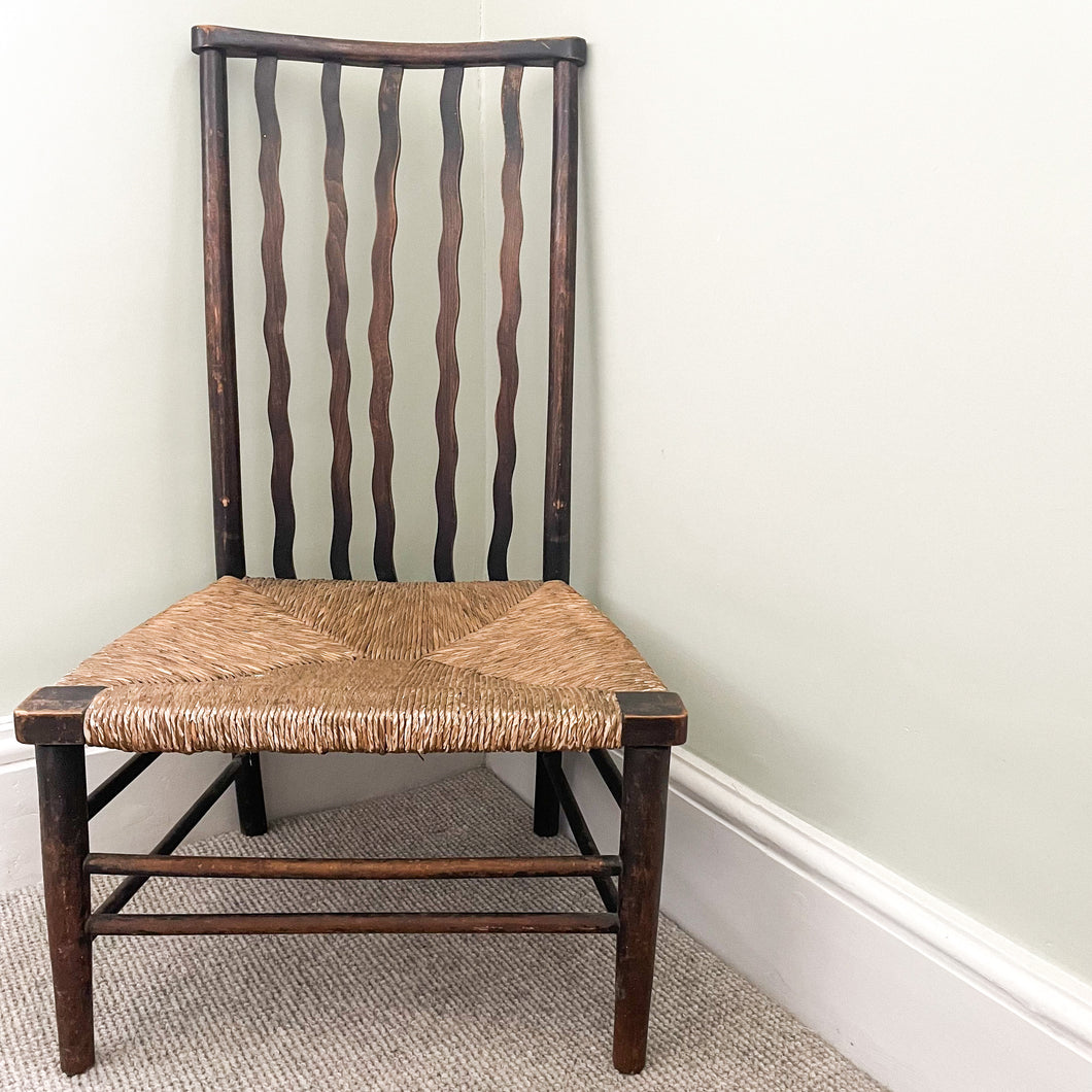 Antique Victorian Morris & Co Liberty London Arts & Crafts Lathback chair with wavy back struts, circa 1890–1920 - Moppet