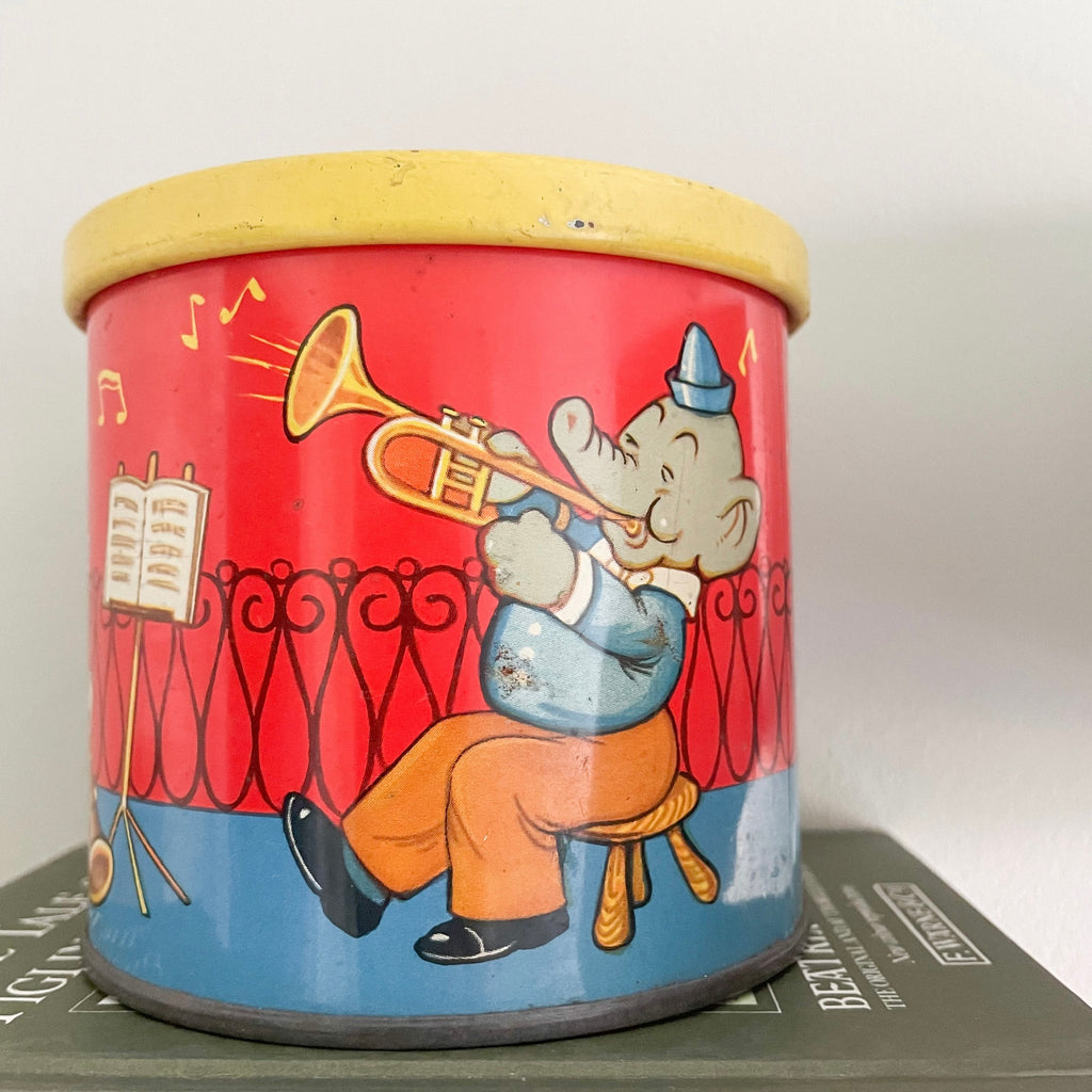 Vintage 1960s children’s tin featuring a musical band of animals, by Blue Bird Toffee - Moppet