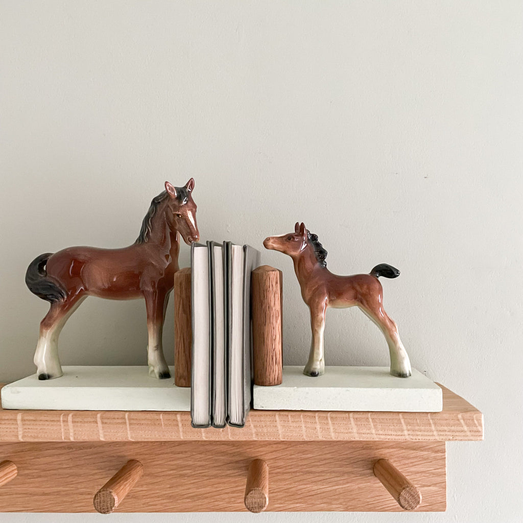 Pair of rare vintage 1960s ceramic china and wooden grey mother and foal pony/horse bookends - Moppet