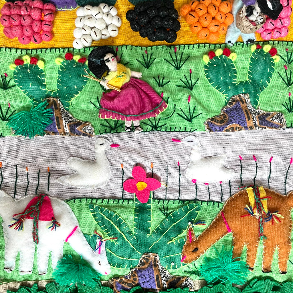 Vintage Peruvian appliqué wall hanging, featuring harvest scene - Moppet