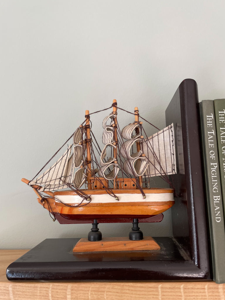 Pair of vintage wooden model sailing ship bookends - Moppet