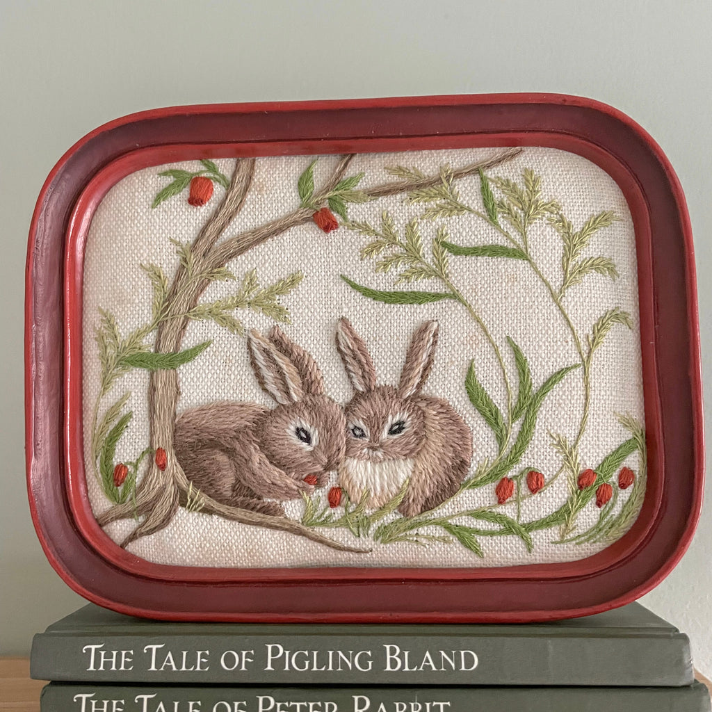 Vintage framed embroidery of two Easter rabbits / bunnies - Moppet