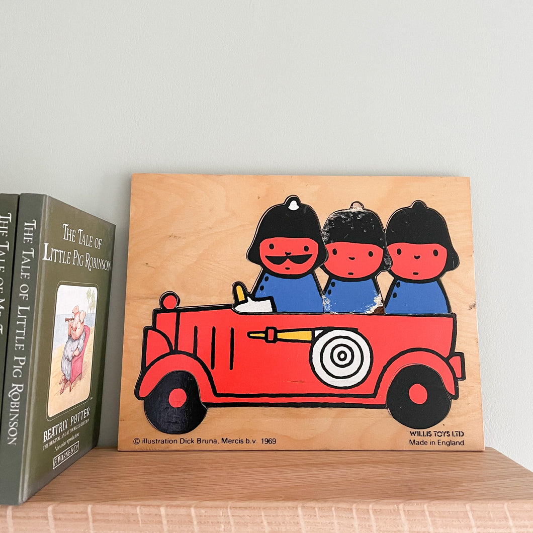 Vintage 1960s wooden puzzle featuring three fireman, by Willis Toys and illustrated by Dick Bruna, the creator of Miffy - Moppet