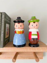 Load image into Gallery viewer, Pair of vintage Italian wooden folk art hand-painted lidded doll pots, a man and a woman, by Sevi 1831 - Moppet
