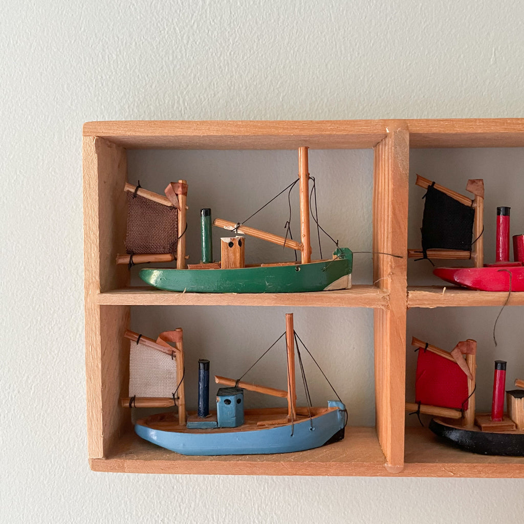 Vintage set of four miniature fishing boats / sailing ships set within a frame - Moppet