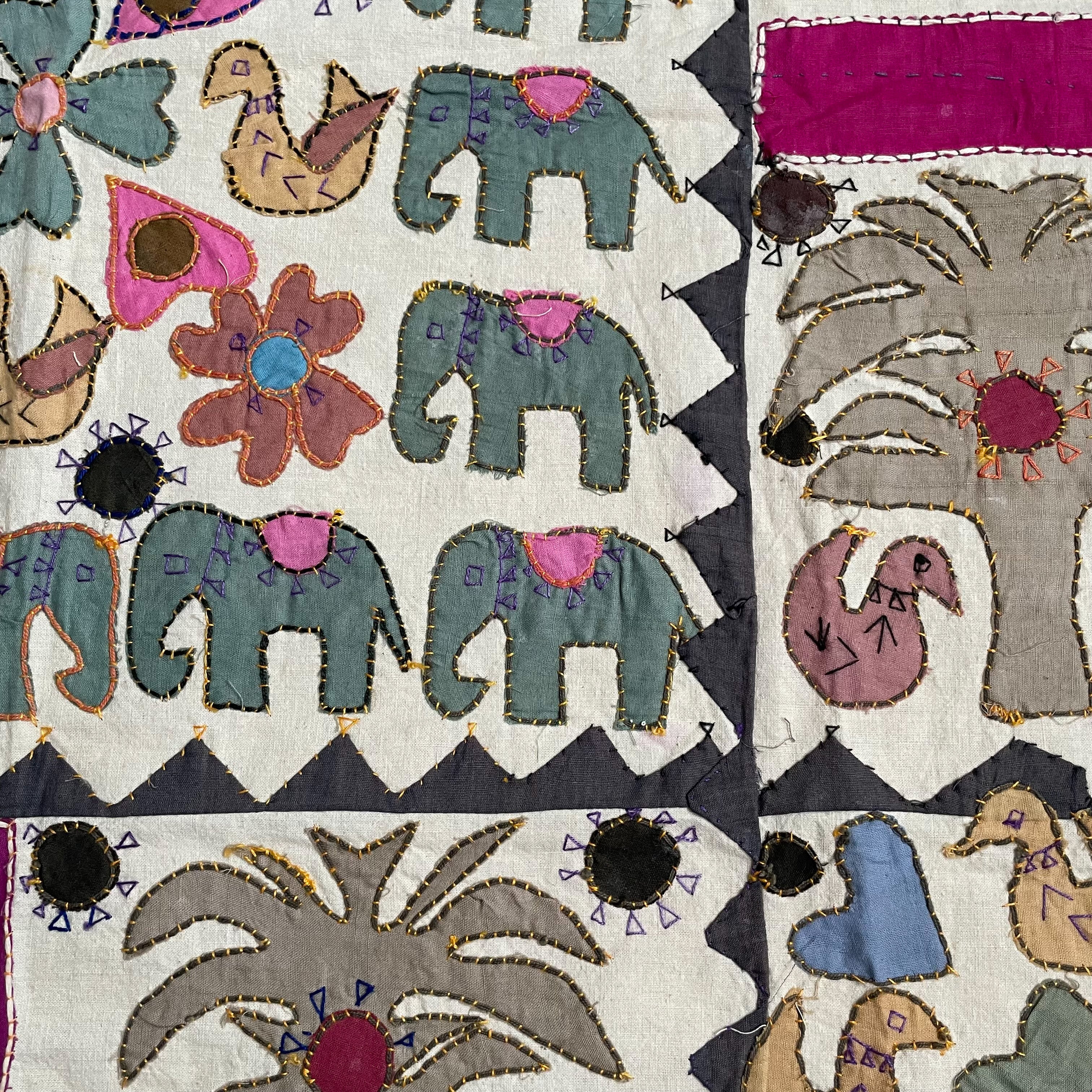 Vintage handmade Indian elephant folk art appliqué wall hanging - Moppet