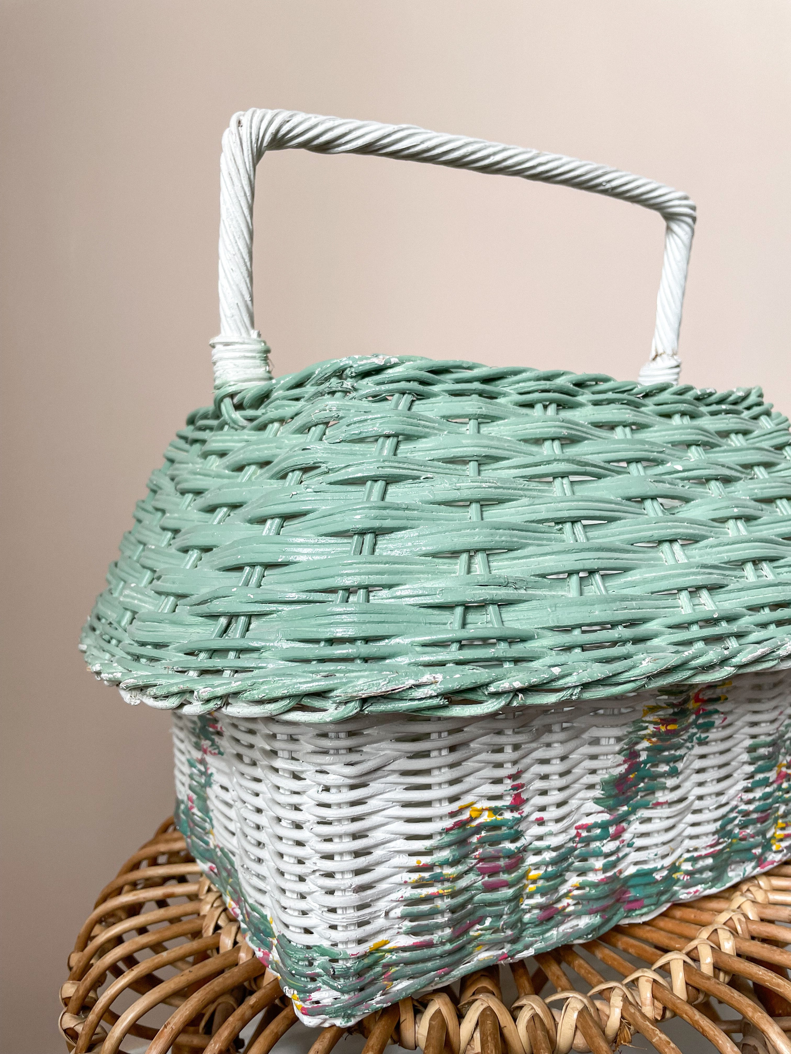 Large vintage 1950s painted wicker basket in shape of a house/cottage, with handle - Moppet