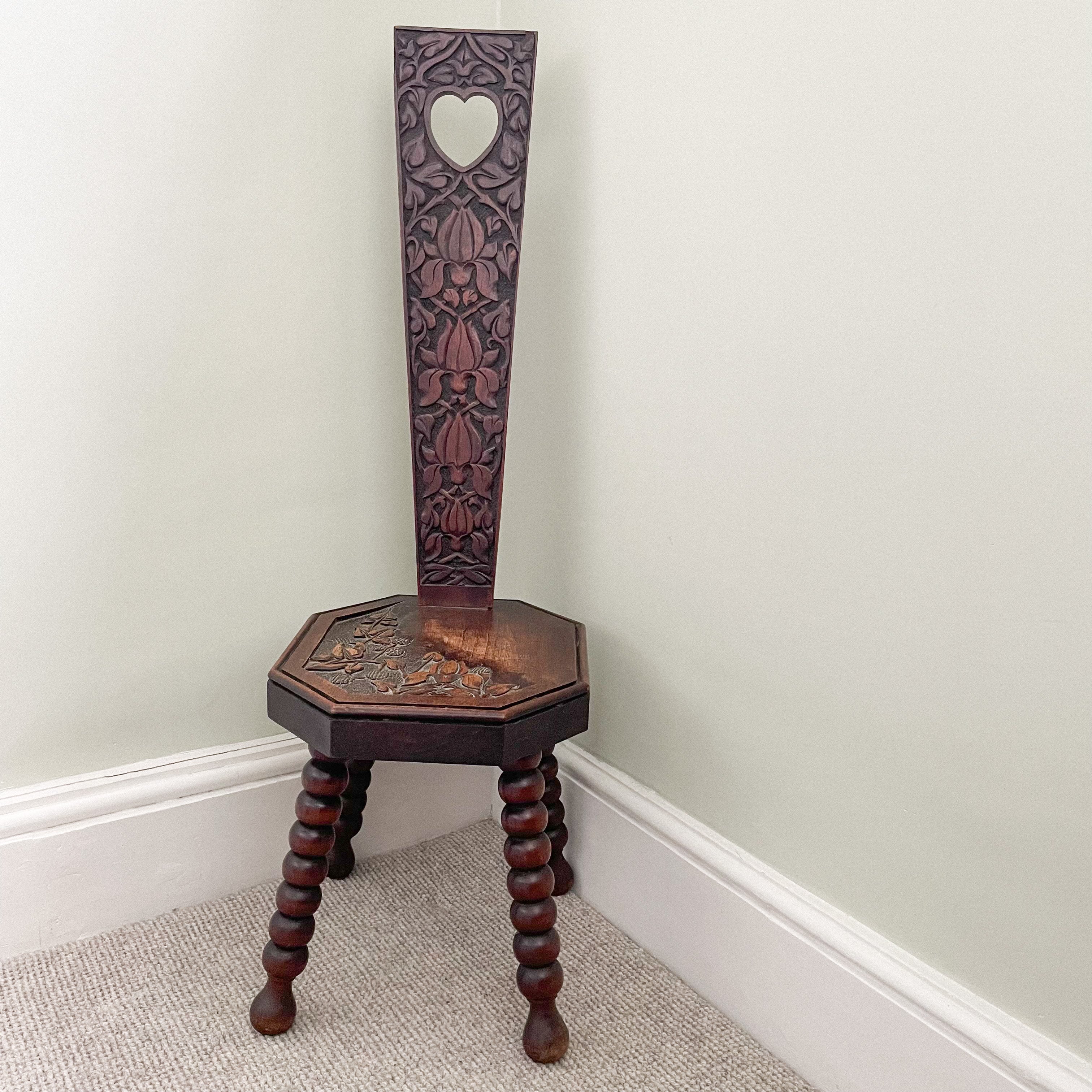 Vintage hand-carved wooden spinning chair or ‘Welsh love seat’ with bobbin-turned legs - Moppet
