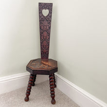Load image into Gallery viewer, Vintage hand-carved wooden spinning chair or ‘Welsh love seat’ with bobbin-turned legs - Moppet
