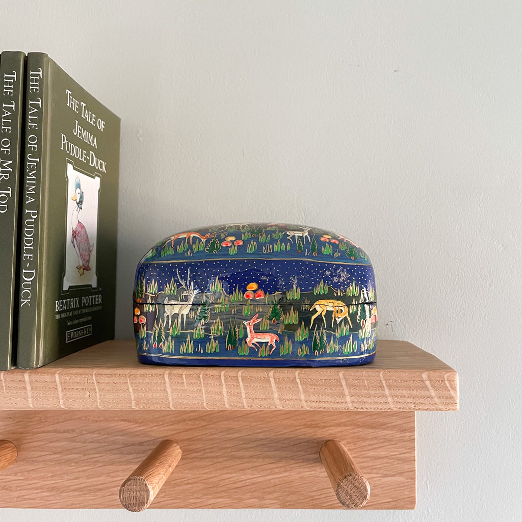 Kashmiri hand-painted folk art papier maché lacquered trinket box with jungle animals design | blue - Moppet