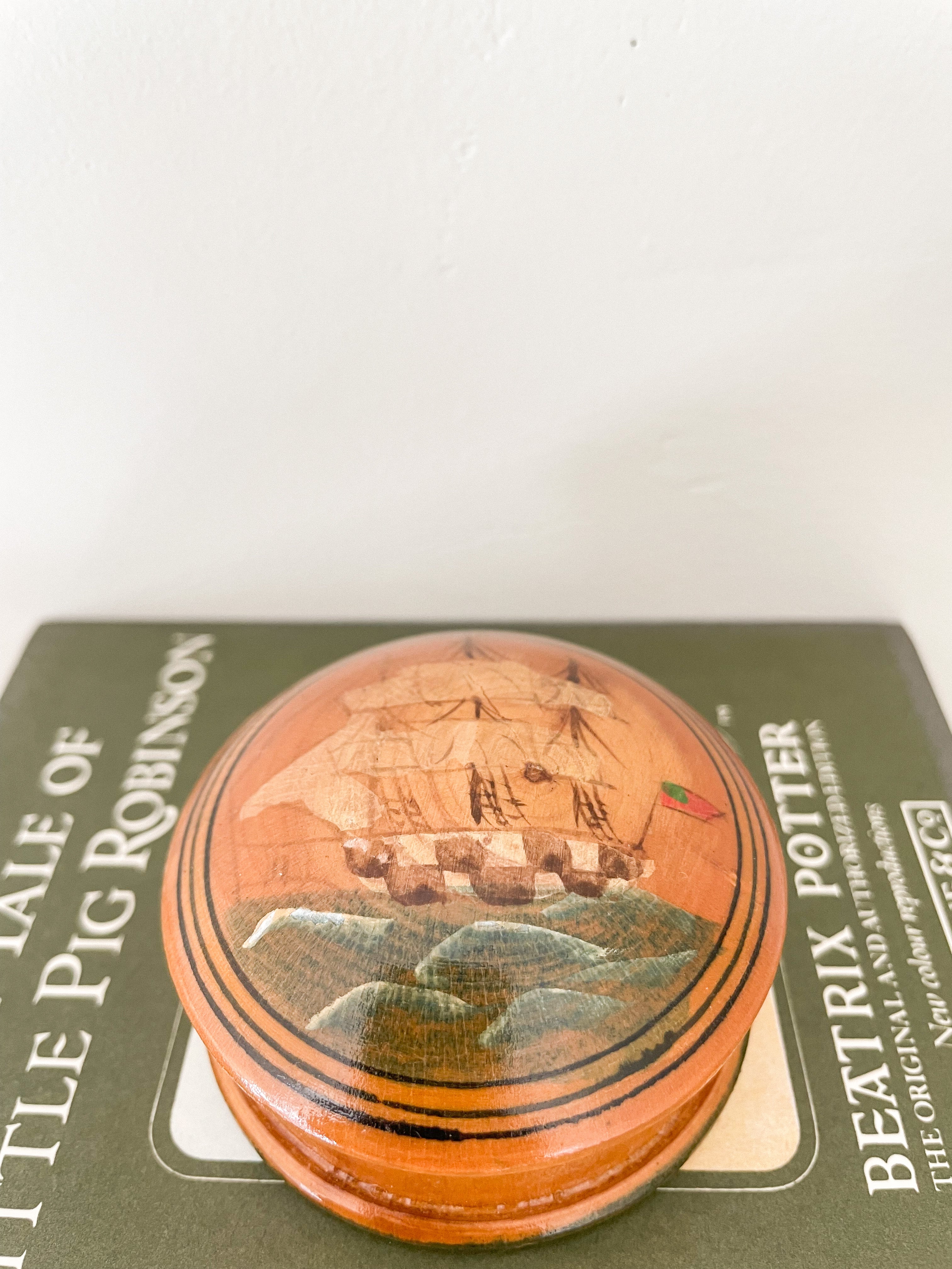 Vintage bamboo trinket box / money box / piggy bank with hand-painted ship design - Moppet